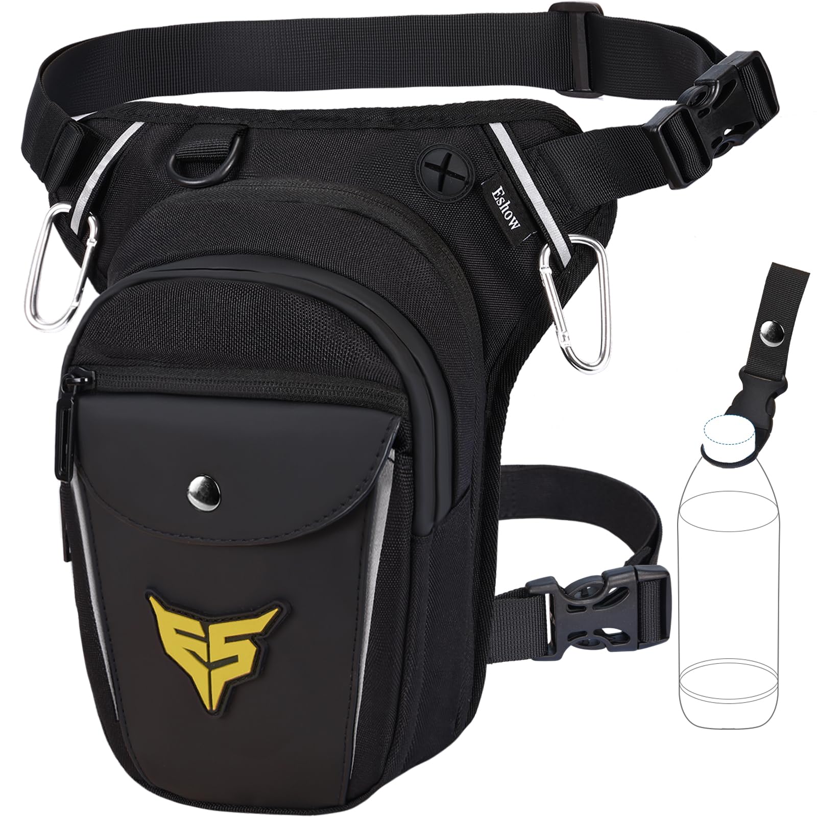 Eshow Marsupio da Gamba Moto, Borsa Cosciale Espandibile con Fibbia Borraccia e Striscia Riflettente per Uomo e Donna, Borsello Sportivo con Multitache per Trekking Ciclismo Viaggio Campeggio Pesca