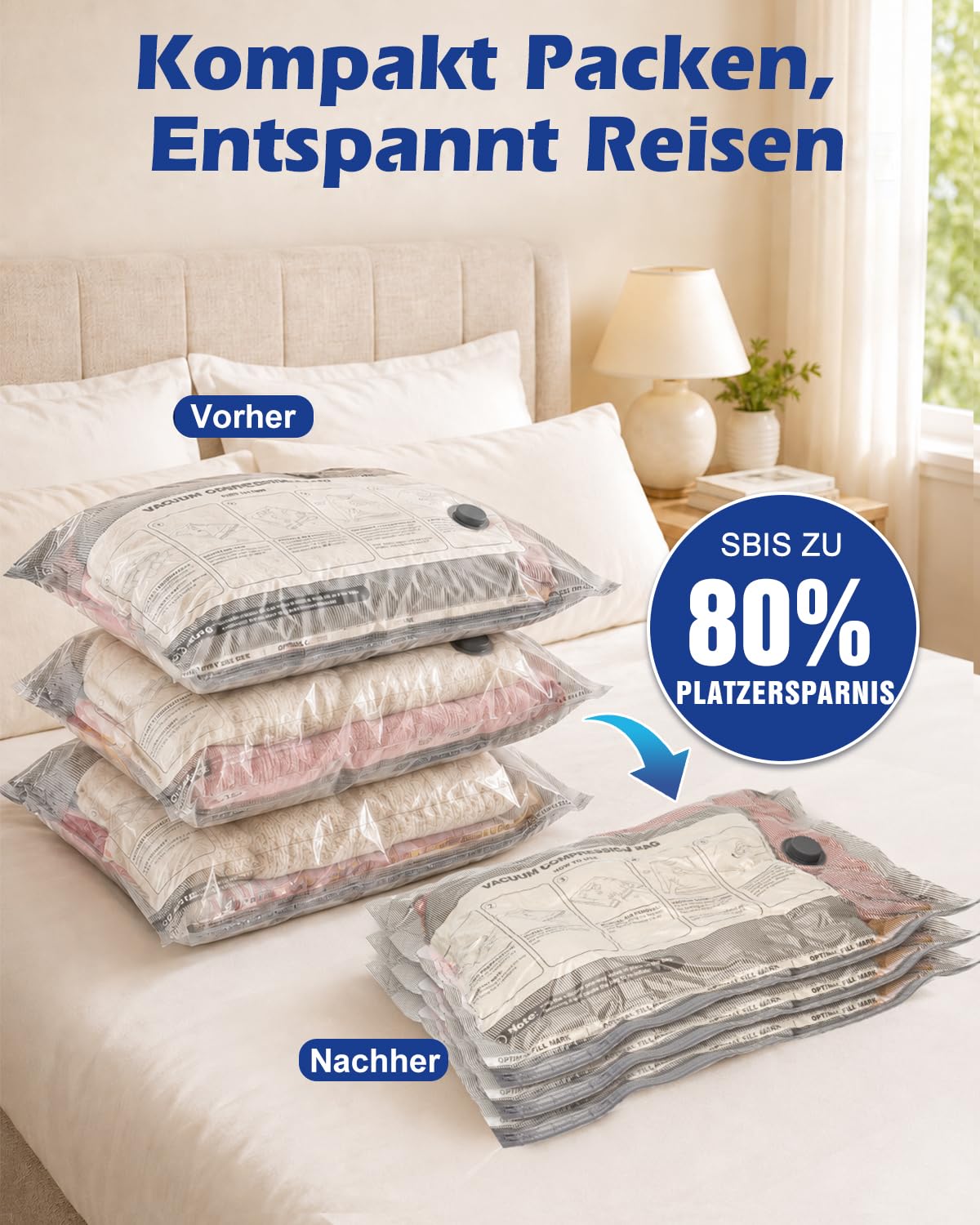 Fantictas Vakuumbeutel mit Pumpe, 12er Set für Kleidung und Reisen | Für Reise, Kleiderschrank und Bettwäsche, 3 Größen, doppelt versiegelt, wiederverwendbar, schützt vor Staub und Nässe