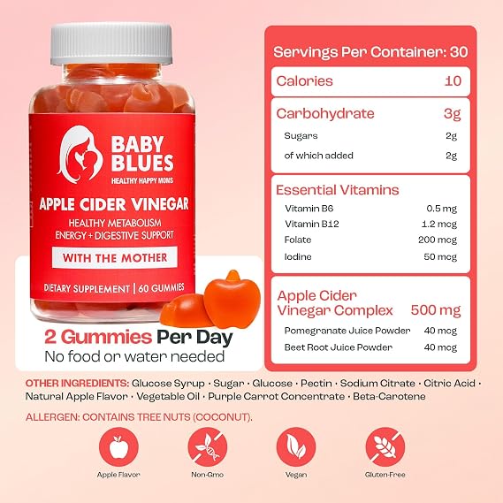 Baby Blues Apple Cider Vinegar Gummies with the Mother for Bloating, Metabolism and Healthy Weight, Postpartum and Breastfeeding Women, Apple Flavor, Vegan, 60 Count