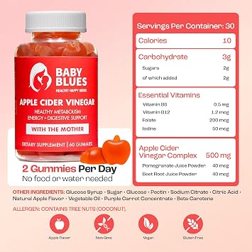 Baby Blues Apple Cider Vinegar Gummies with the Mother for Bloating, Metabolism and Healthy Weight, Postpartum and Breastfeeding Women, Apple Flavor, Vegan, 60 Count