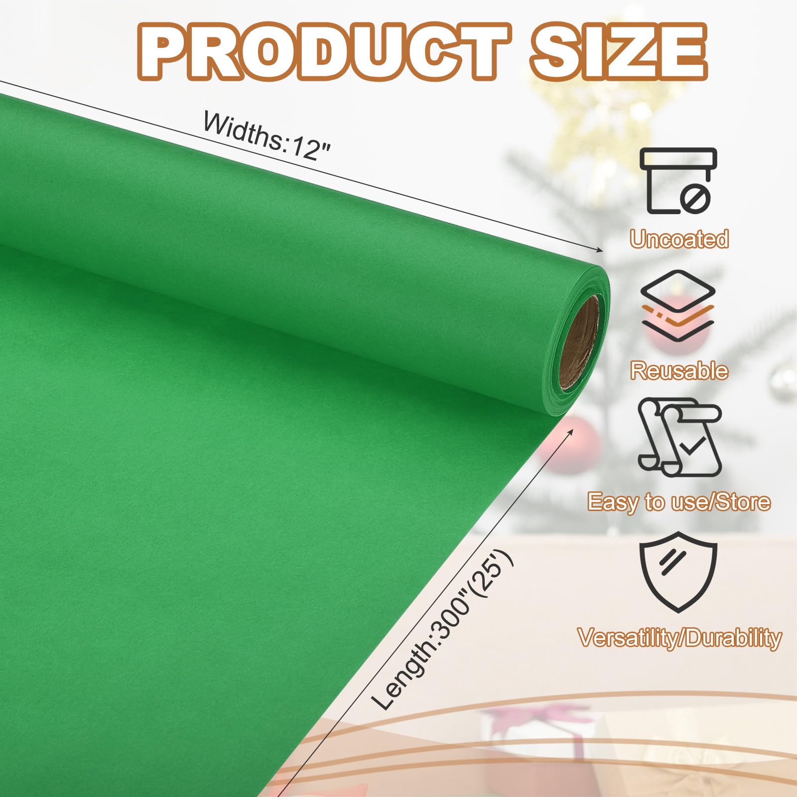PATIKIL Wrapping Paper, 12" x 300"(25') 70 GSM Craft Paper Roll Kraft Packing Paper for Poster Bulletin Board Gift Wrapping, Green - Image 2