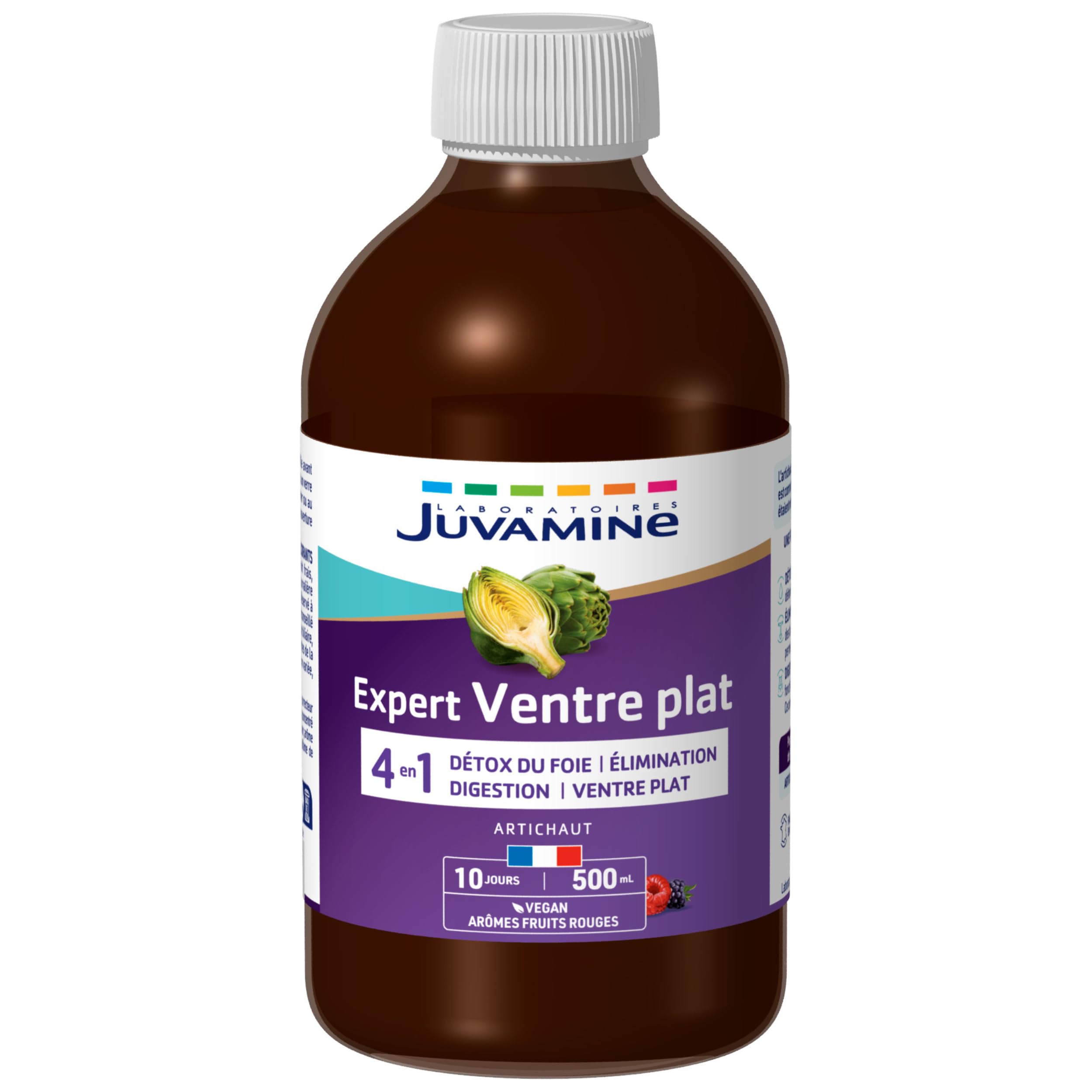 JUVAMINE - Expert Ventre Plat 4-​en-​1-​500 mL - Détoxification du foie, élimination, digestion & Ventre plat - Programme 10 jours - Arômes Fruits Rouges