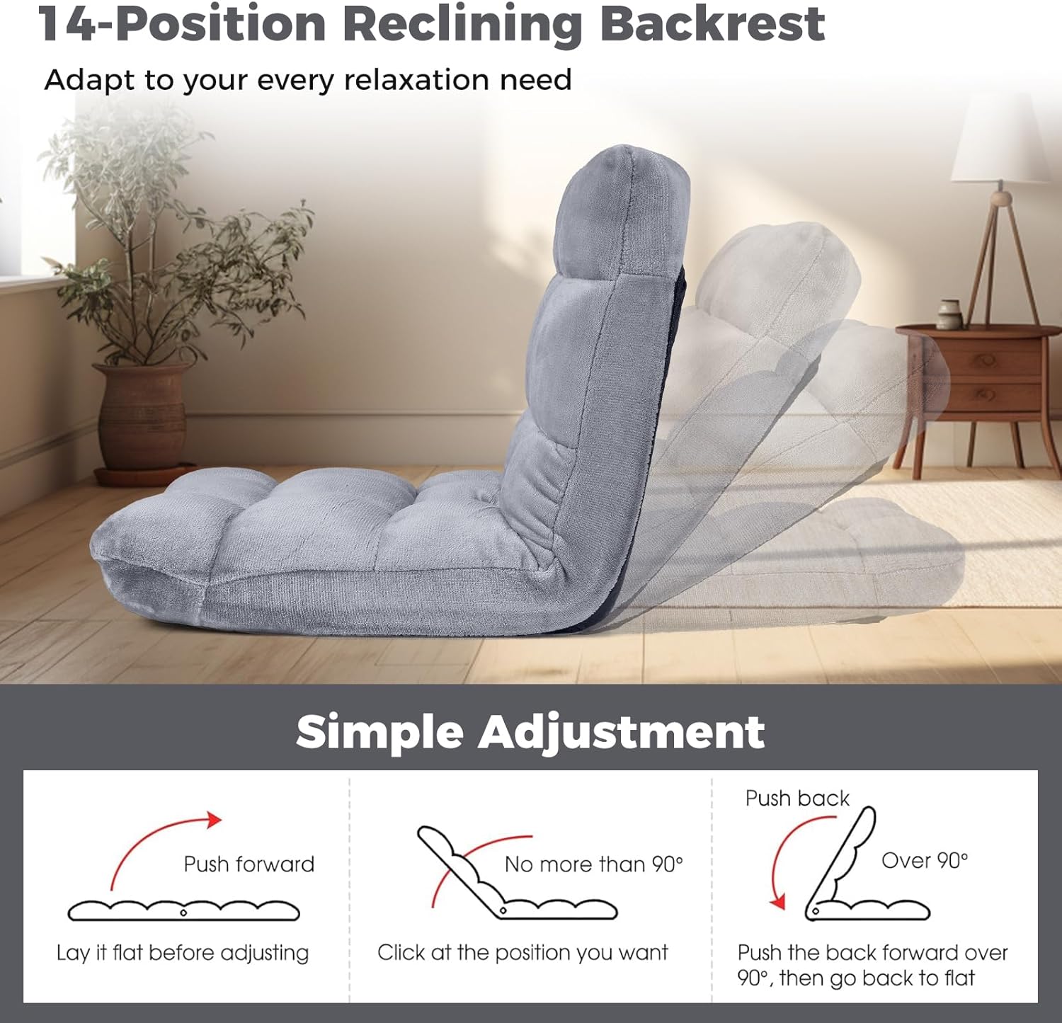 COSTWAY Floor Chair, Video Gaming Chairs with Back Support, Adjustable 14-Position, Alloy Steel Frame, Lazy Sofa Lounge Recliner for Adults Kids (Silver Grey)