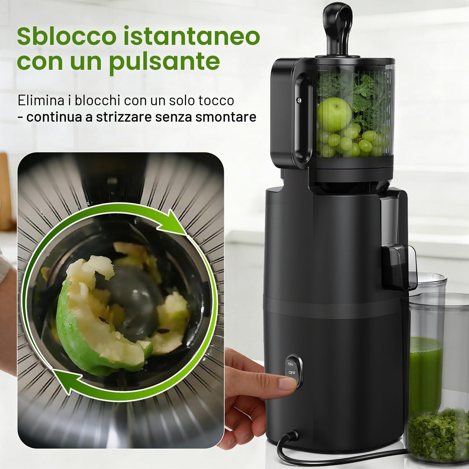 WETIE Estrattore Lento Frutta e Verdura, Estrattore di Succo a Freddo con Apertura Extra Large 120mm, 99% Resa, Facile da Smontare e Pulire, BPA Free, Include 2 Bicchieri e Ricettario