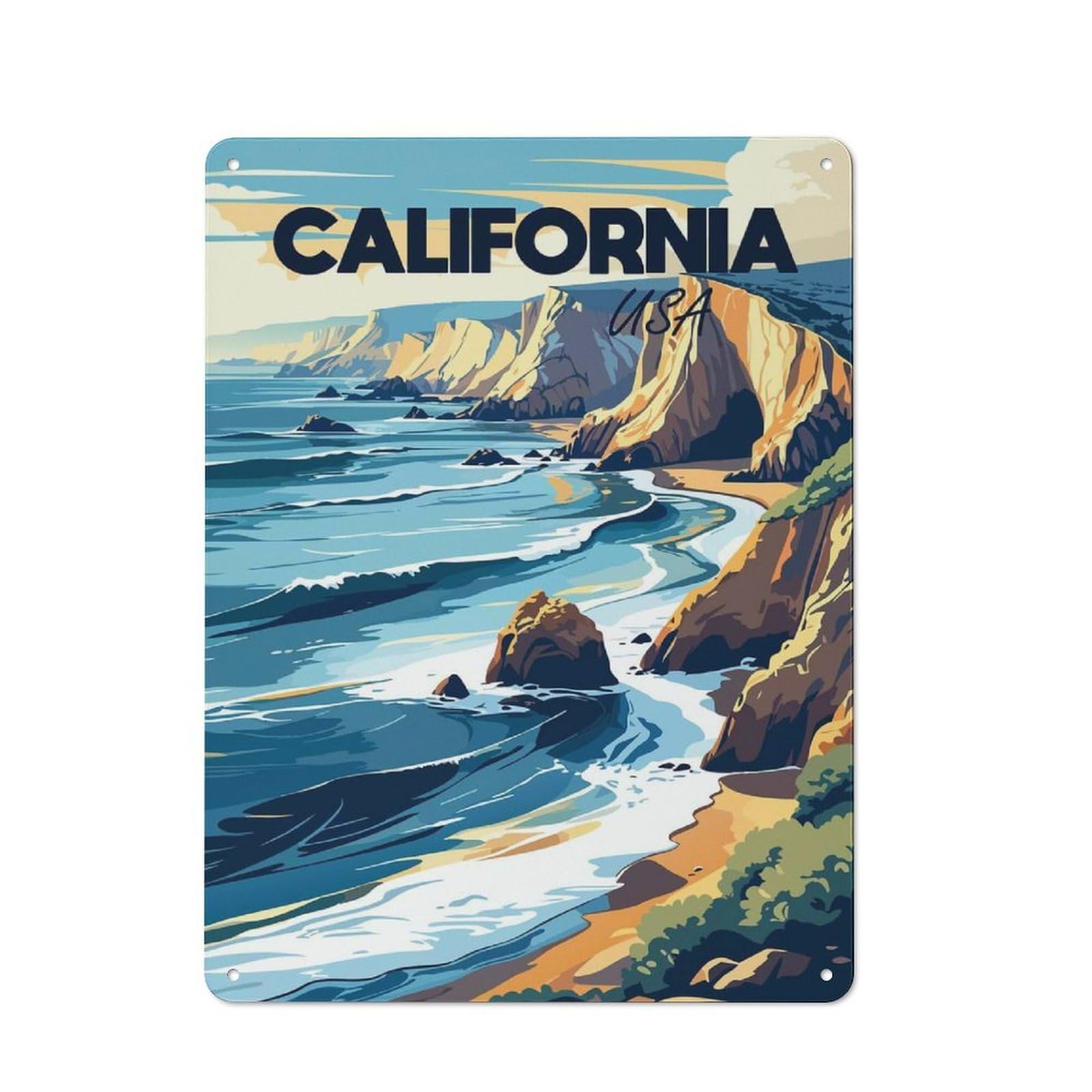 Junmoney Style-2 Loft Style California Coastline Travel Decorative Metal Plaque 40X30cm, Studio Wall Art For Workspace, Cafe, Hallway Or Garage