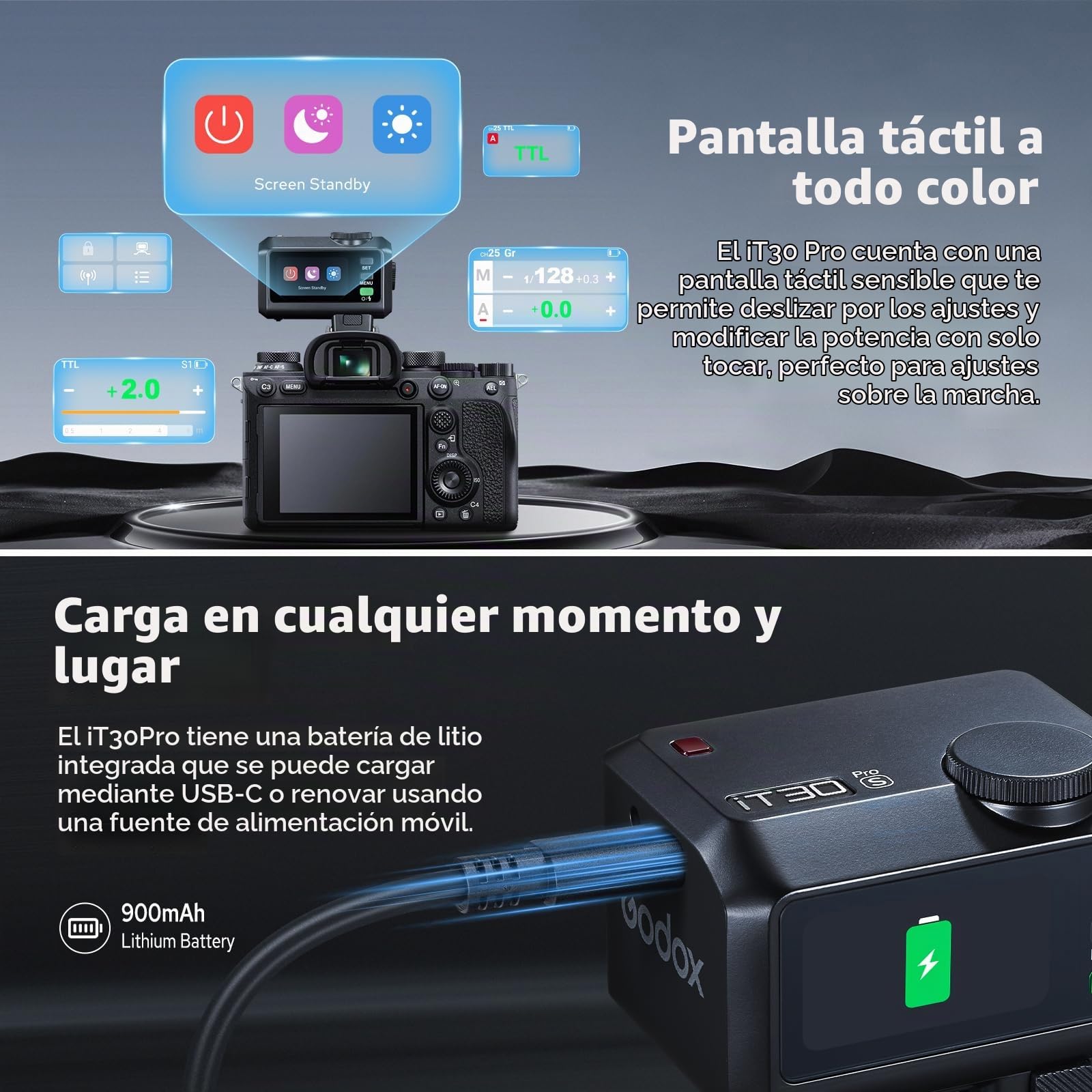 Godox iT30Pro S TTL Mini Flash, 2.4G Wireless HSS 1/8000s, Control de Pantalla Táctil, Built-in Difusor, 560 Full Power Flashes Compatible para Sony Cámara (iT30Pro S)