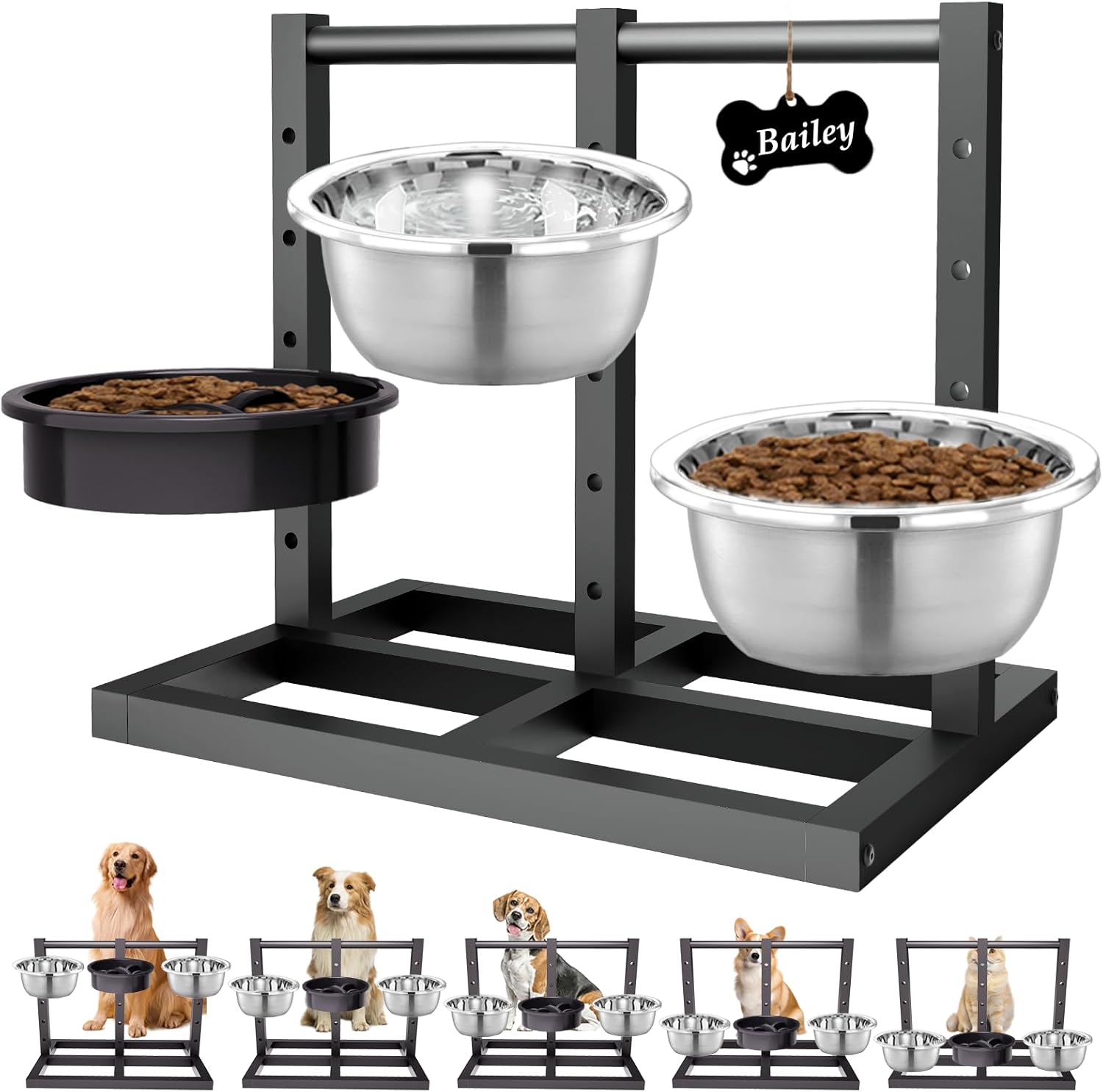 Elevated Dog Bowls Stand for Medium Large Dogs, 5 Adjustable Height Metal Raised Dog Bowl Stand 3 Food Water Bowls and Slow Feeder Bowl with Non-Slip Feet