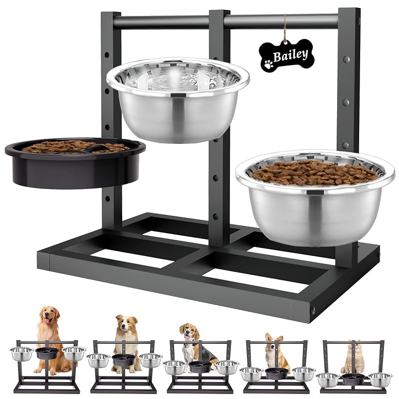 Comedouro elevado ajustável para cães com 3 tigelas em aço inoxidável Cnesuir, 5 alturas