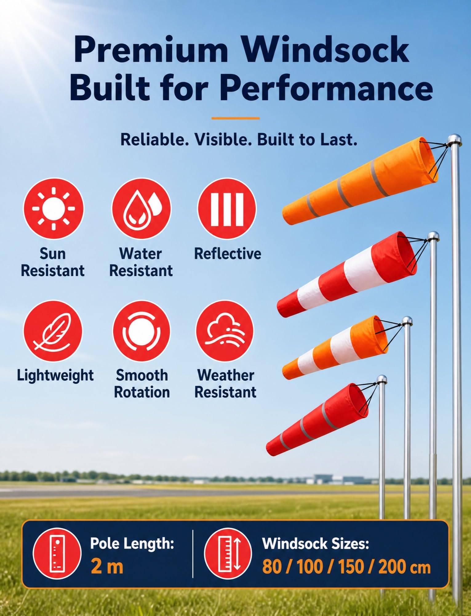 Outdoor Windsack und Stange Set, Reflektierend Gestreift Windrichtungsanzeiger für Wetterbeobachtung, Landwirtschaft, Meteorologie (150cm)