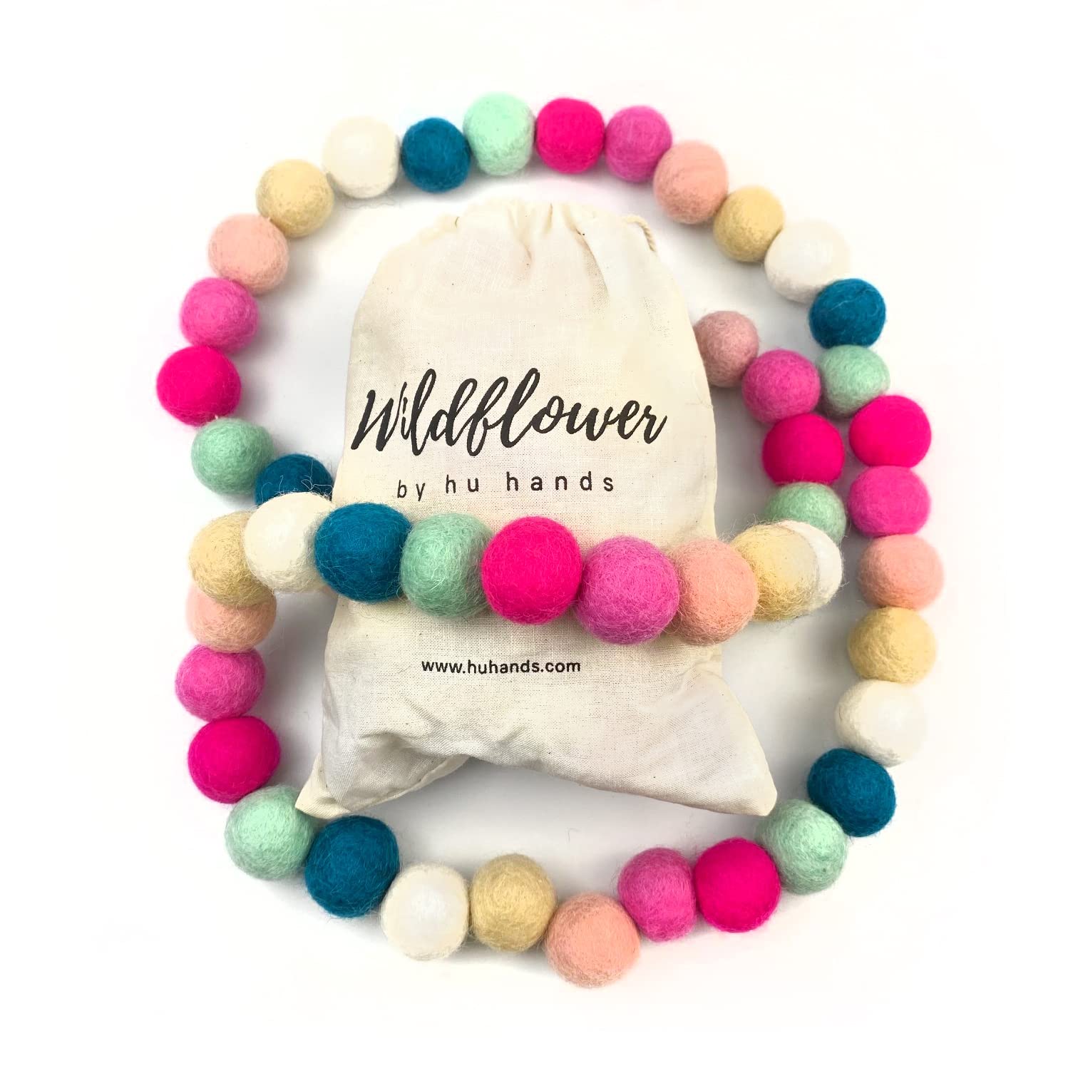 Wildflower by hu hands Pink, White & Blue Wool Felt Ball Garland | 50 Colorful Handmade Pom Balls Adjustable 8 Foot String | Pompom Garland for Decor, Christmas, Nursery | | Cotton Muslin Storage Bag