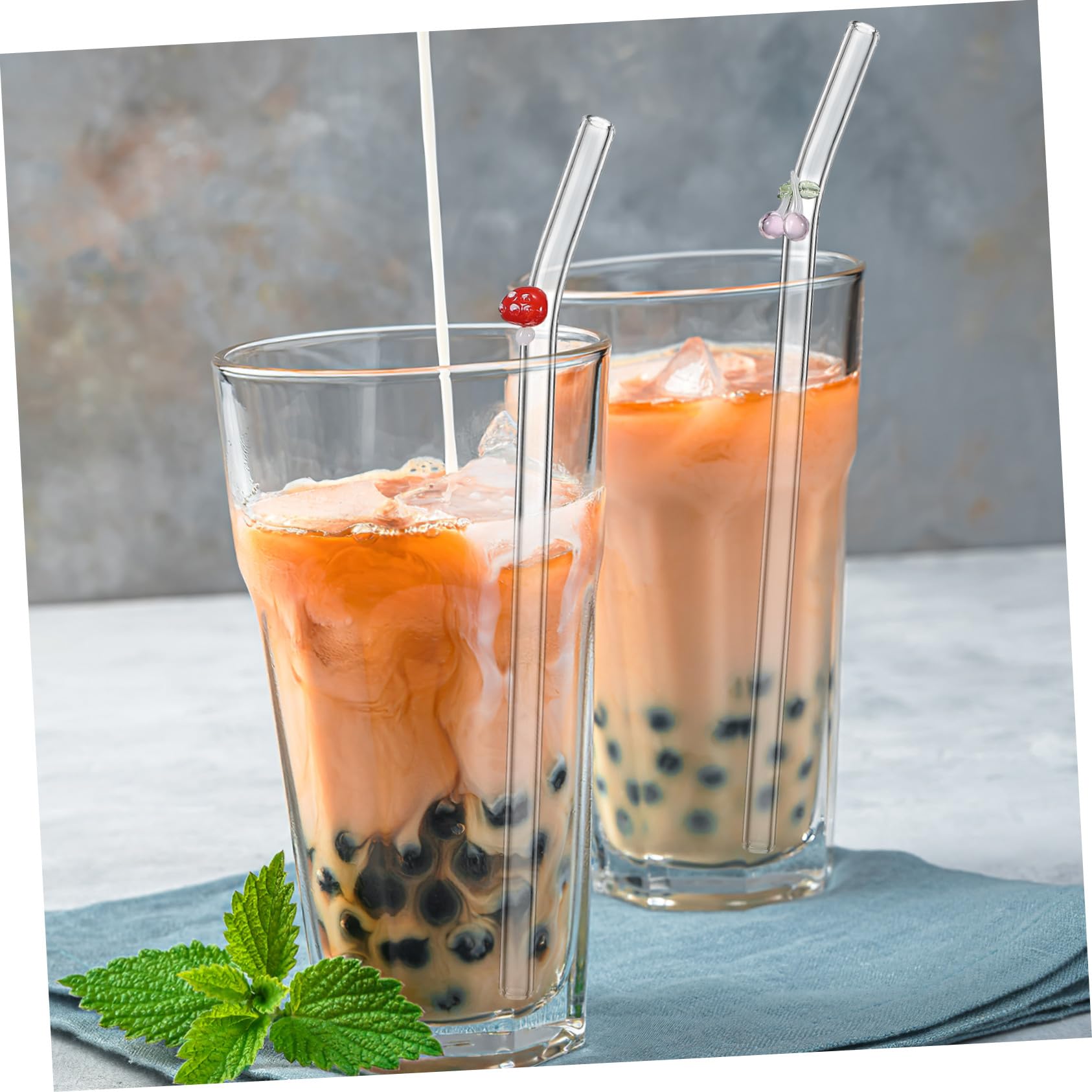 Juego de Pajitas de Vidrio Transparente Curvadas con 6 Piezas y 2 Cepillos de Limpieza, Reutilizables, Resistentes y Versátiles para Té con Leche y Agua Color Aleatorio