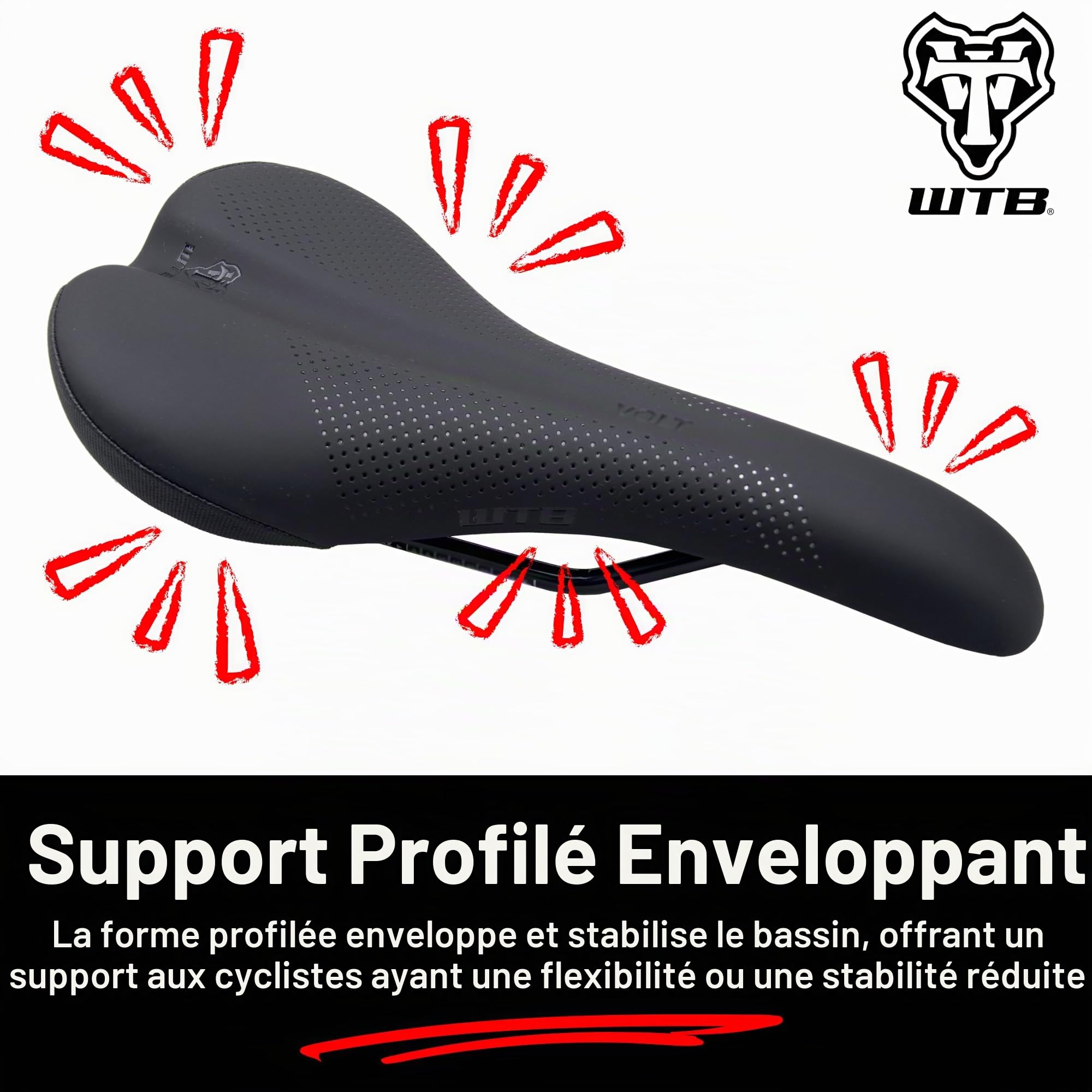 WTB Selle de vélo Volt – Rembourrage confortable d'épaisseur moyenne, forme profilée avec une coque flexible – Selle de VTT légère pour un soutien et une performance optimaux