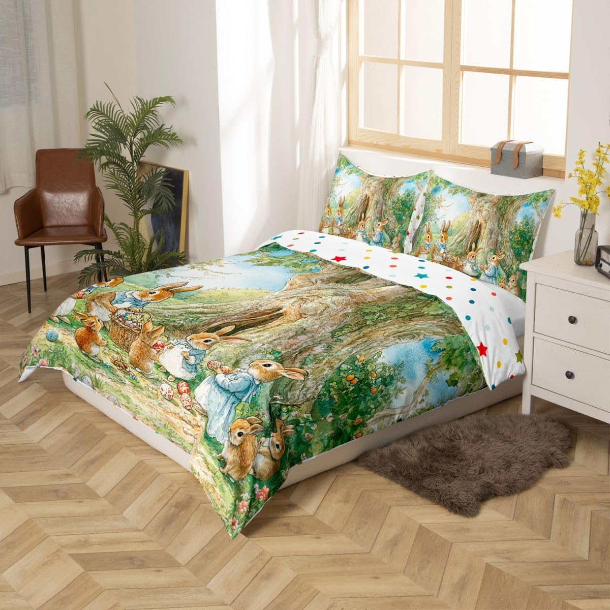 Manfei Happy Easter Kids Duvet Cover Set Queen Size,Cartoon Rabbit Easter Egg Western Bedding Set,Floral Leaf Botanical Natural Room Decor,Blue Green Quilt Cover,2 Pillowcases(No Comforter)