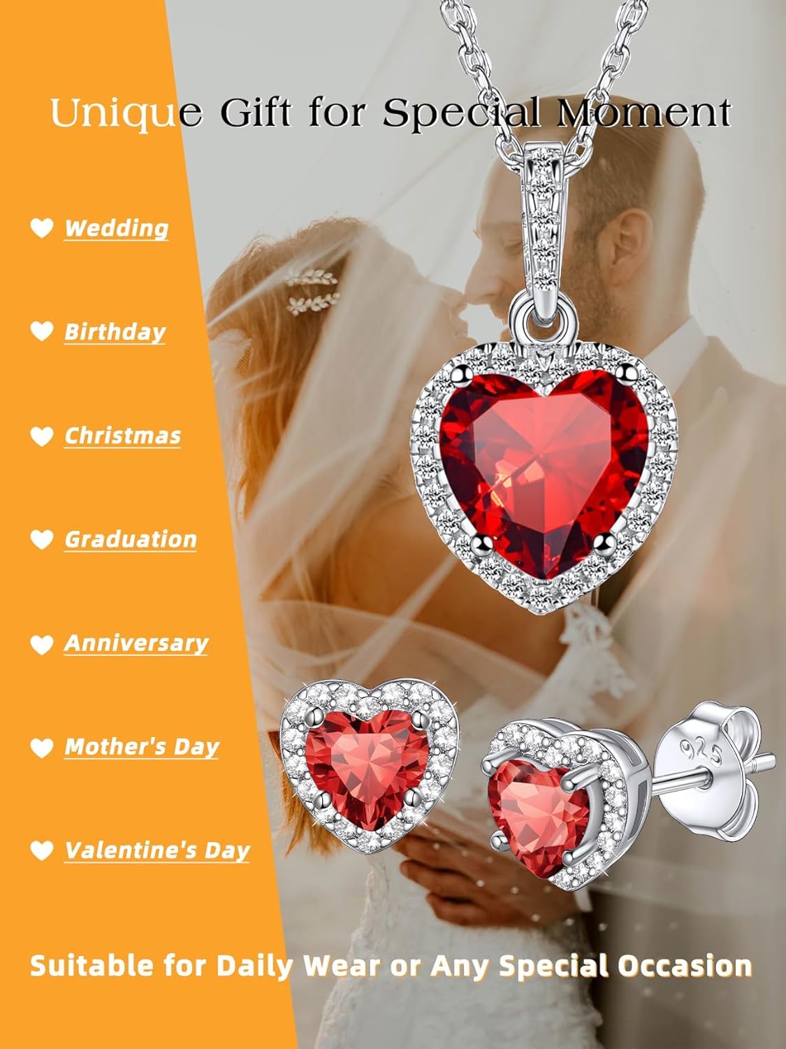 Bestyle Sparkling 925 Sterling Silver Birthstone Stud Earrings for Women, Heart/Round/Teardrop/Square Solitaire Diamond Studs Earrings, Great Birthday/Christmas Gifts - Image 8