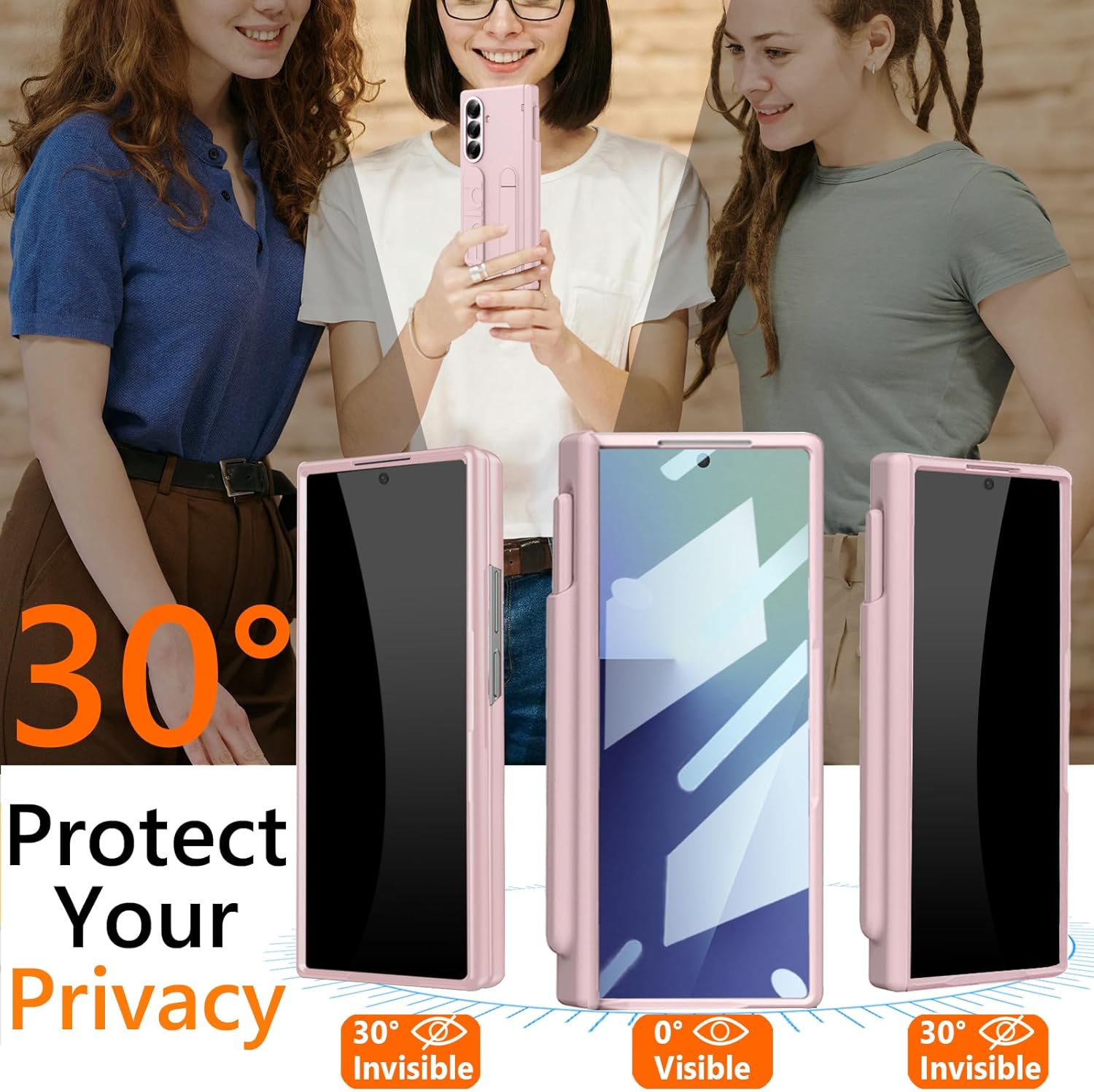 Finger Strap for Samsung Galaxy Z Fold 7 Case with S Pen Holder & Stylus, [Privacy Screen Protector] [Fold-able Kickstand] Full Coverage Matte PC Shockproof Bumper Case for Z Fold 7 Pink
