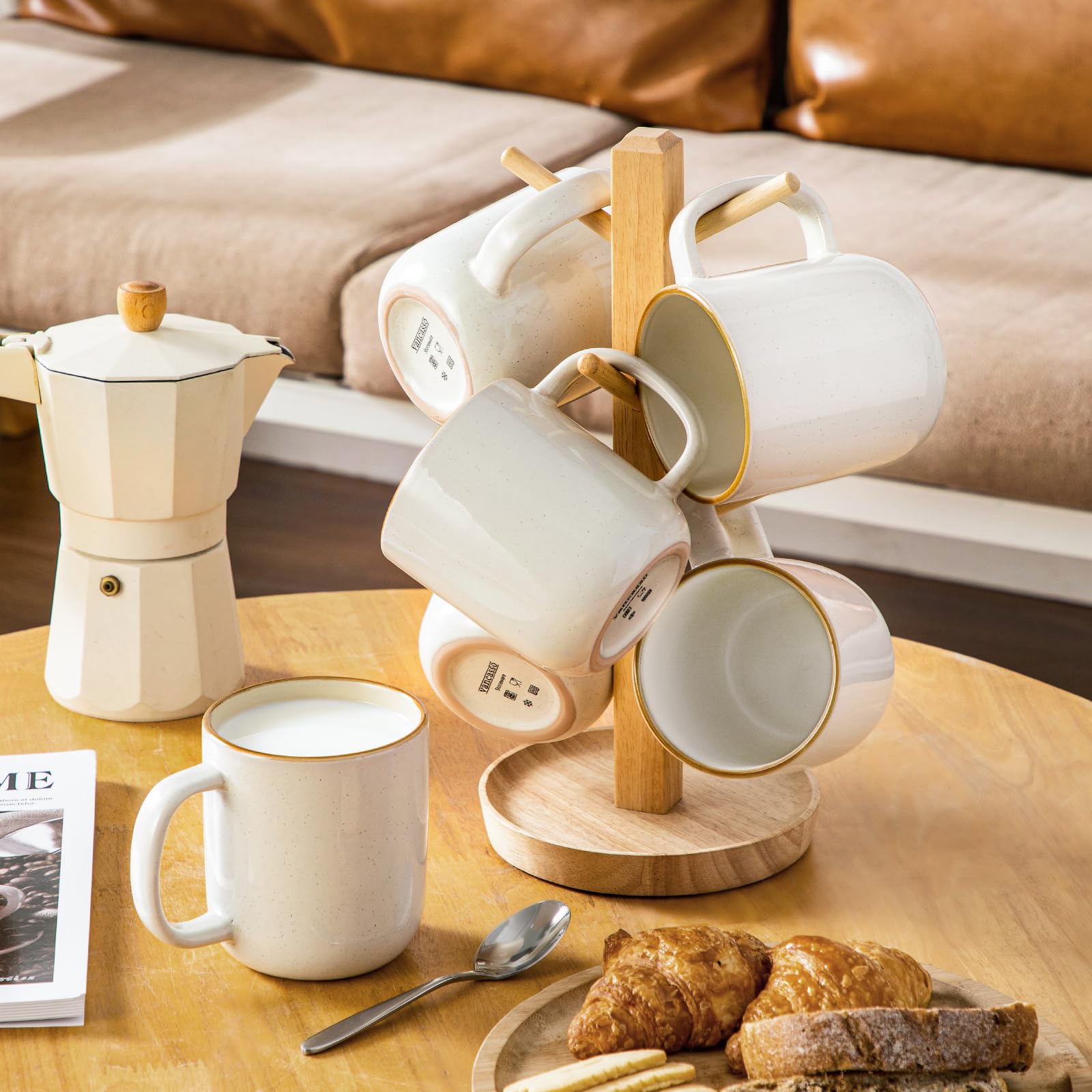 vancasso RENO - Juego de 6 Tazas de Gres Beige con Asa - 400 ml - Para Café con Leche, Té, Latte y Smoothies - Apto Lavavajillas y Microondas - Esmaltado Reactivo Claro