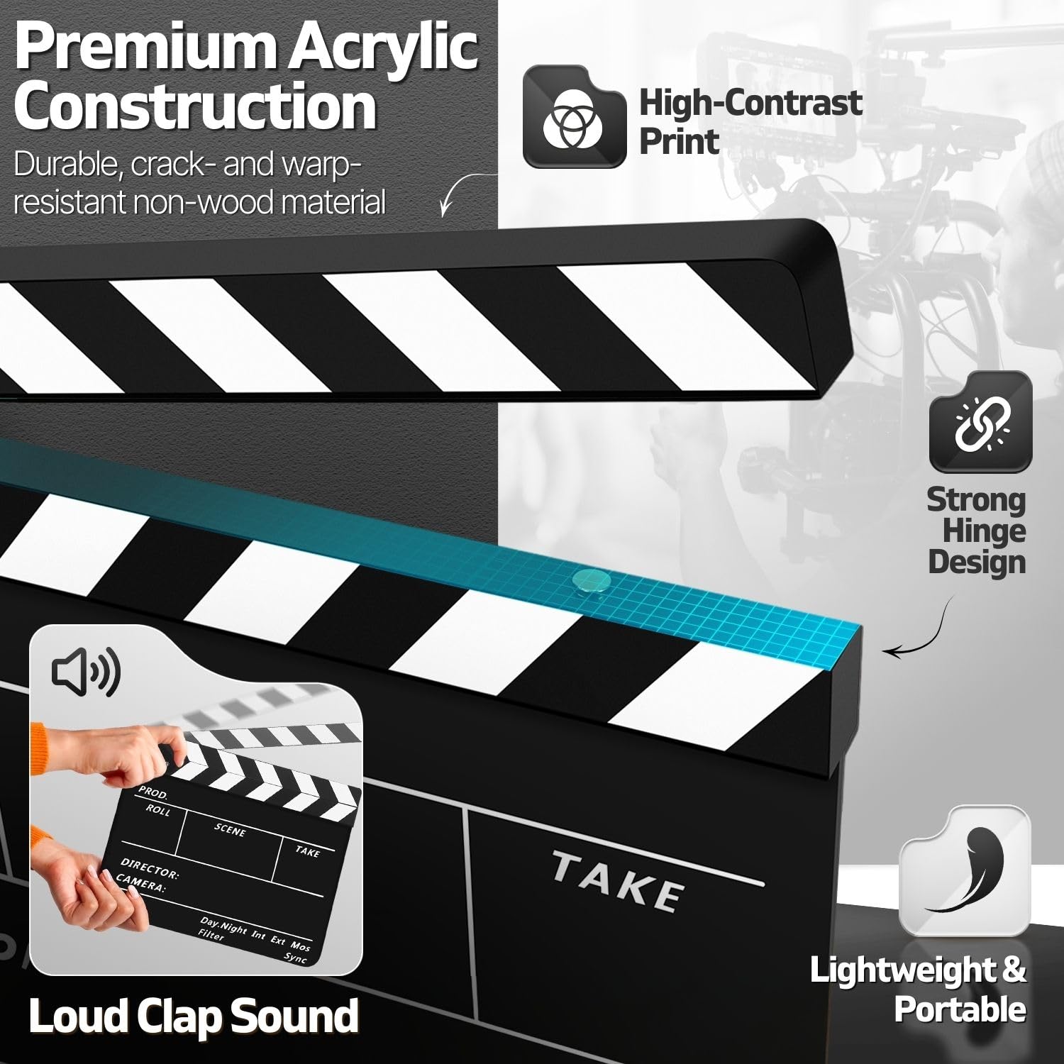 Flexzion Ardoise en plastique acrylique effaçable à sec pour appareil photo hollywoodien, studio, cinéma à domicile, vidéo 25,4 x 30,5 cm avec bâtons noir/blanc