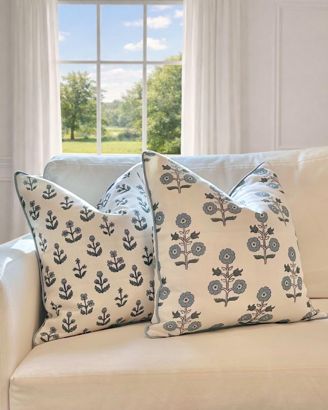 "The Beau” Floral Block Print Pillow Cover – Blue Decorative Throw Pillow Cover with White Background – Grandmillennial Home Decor, 20" x 20"