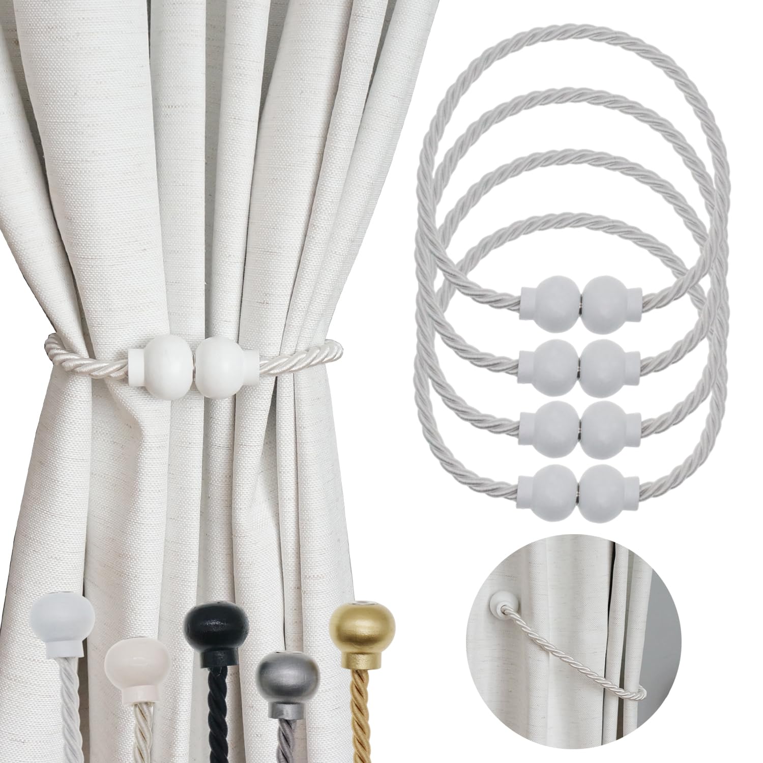 4 Pack Magnetic Curtain Tiebacks Modern Handmade Rope Curtain Tie Backs Decorative Drapes Weave Holdbacks for Home Outdoor Bedroom Office Decorative Curtain, White