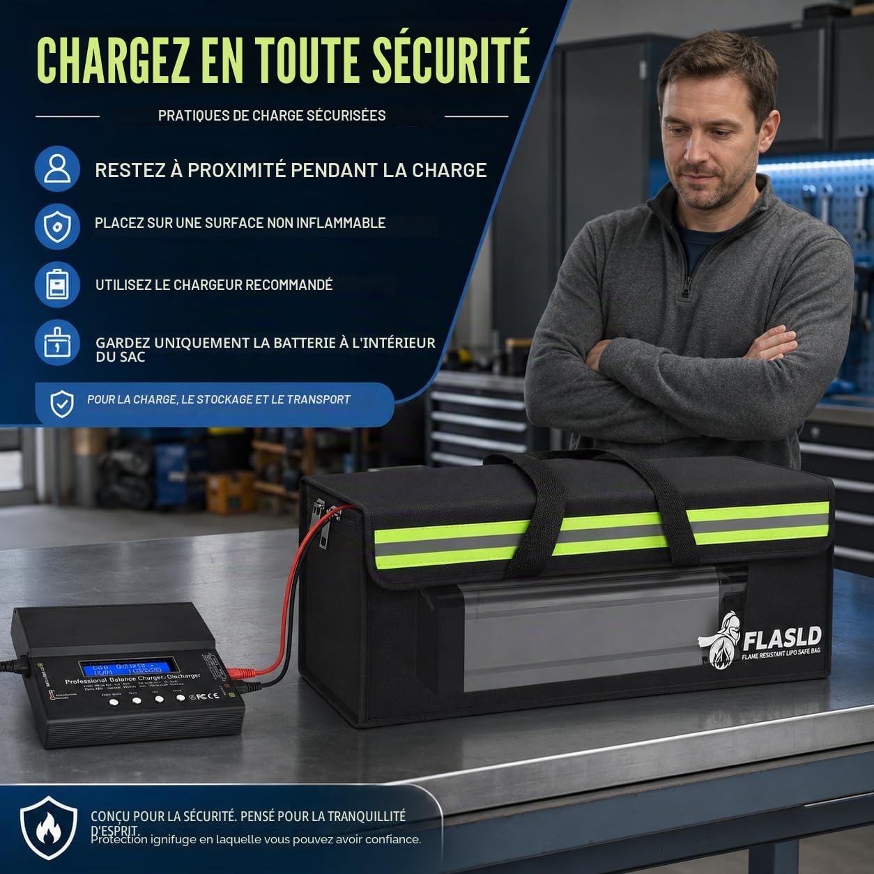 FLASLD Lipo Lot de 2 sacoches ignifuges pour accessoires de vélo électrique, étui de charge anti-explosion, grande capacité, boîte de rangement pour batterie Lipo (49 x 10,9 x 17,8 cm), noir