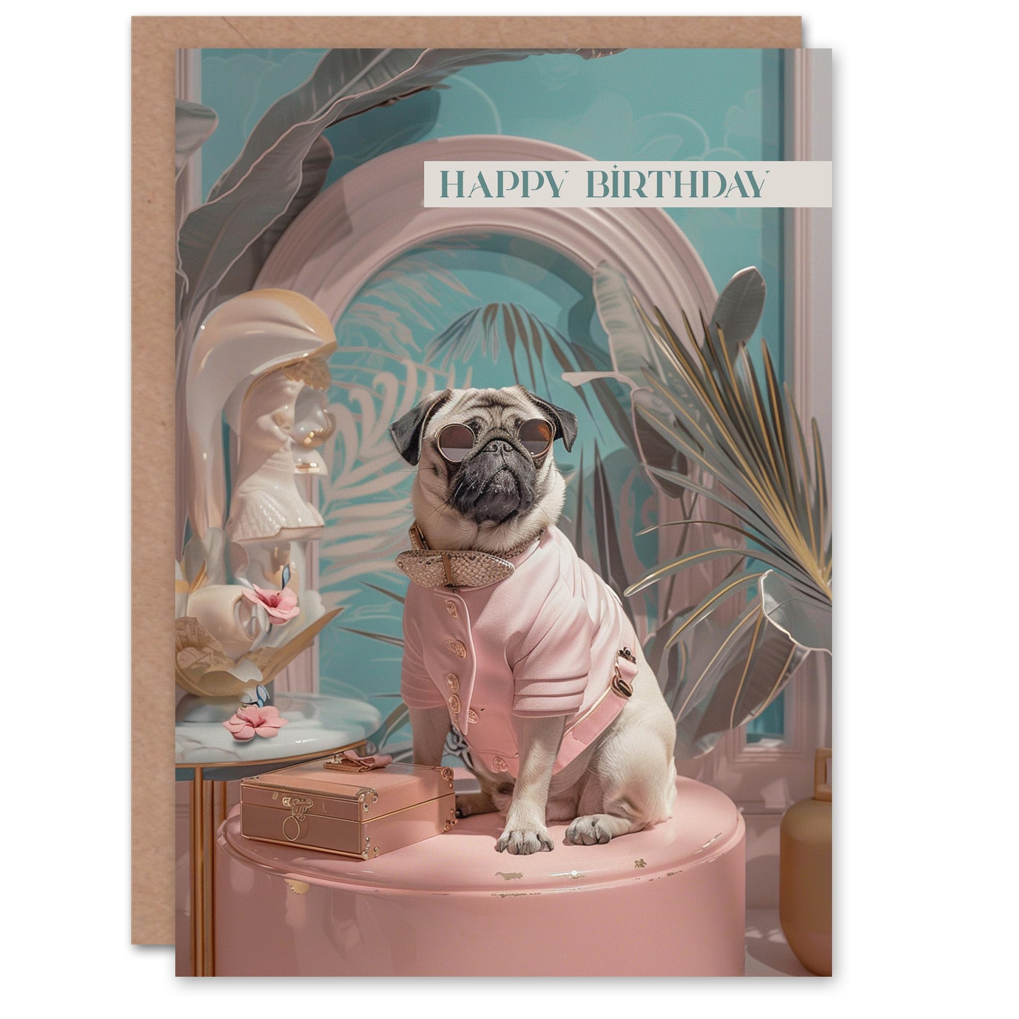 Artery8 Pug Dog Lover Birthday Card - Fashion Pet Portrait Greeting Card - Blue