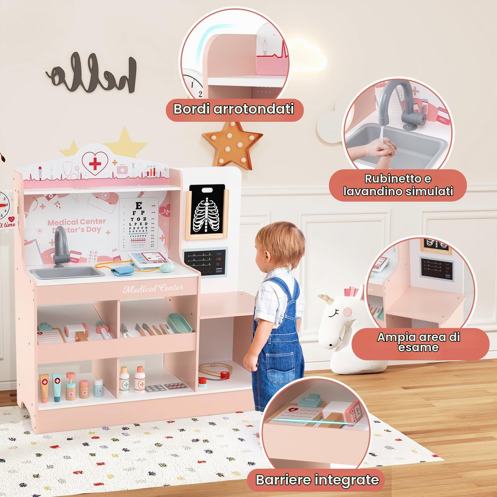 HOMASIS Kit Dottore Bambino in Legno, Kit Medico Bambini con Lavabo, Esame della Vista, Elettrocardiogramma, Orologio e Radiografia, Gioco Infermiere per Simulazione per Bambini da 3+ Anni (Rosa)