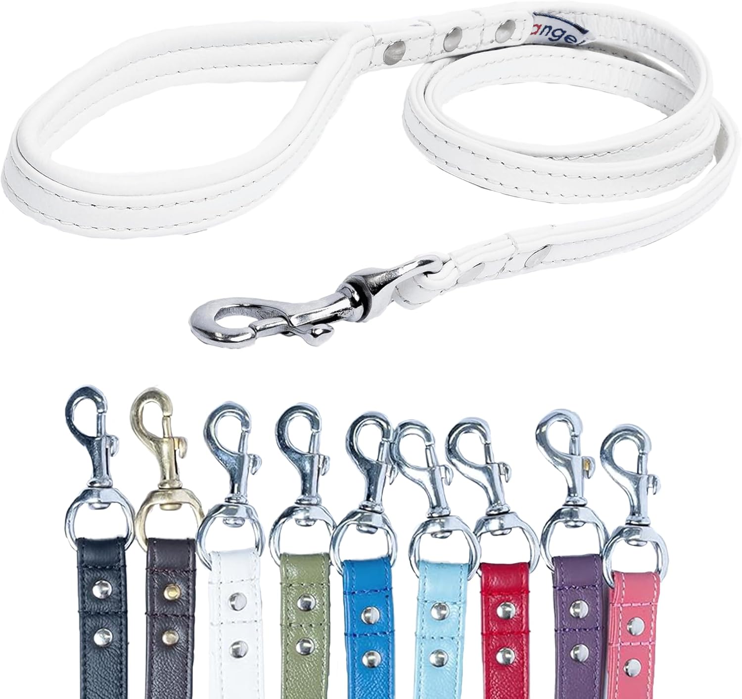 Angel Pet Supplies, Alpine Leash, 100% Genuine Leather, Ivory White, 48" x 1/2", Padded Handle, Brass Snap Hook, Double Ply, Soft and Durable, 4 Foot Leash