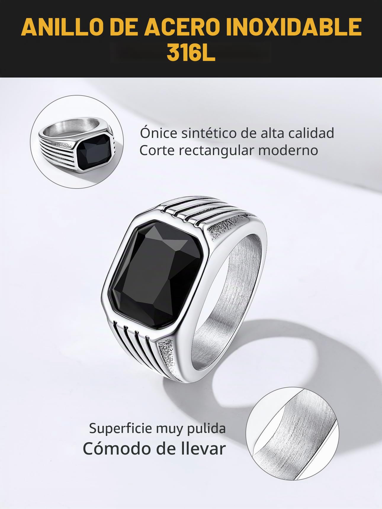 Bestyle Anillos Acero Inoxidable Hombre, Anillo de Sello Grueso para Hombre, Anillo con Piedras Preciosas Sintéticas, Talla 14.5-32.5, con Caja de Regalo