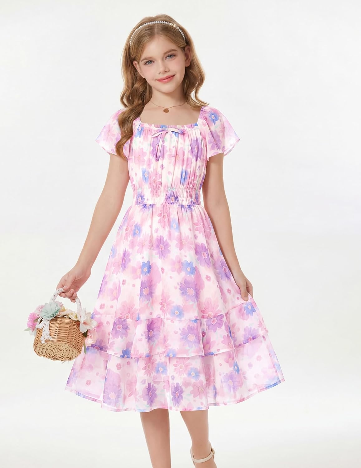 GRACE KARIN Girls Floral Summer Dress Flutter Sleeve Square Neck Midi Casual Dress for Girl 6-14Y - Image 7