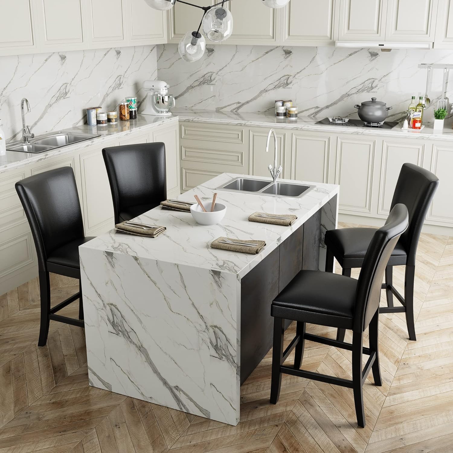 Set of 4 Counter Height Bar Stools – Black Faux Leather with Back, Solid Wood Legs, 25.6" Seat, Perfect for Kitchen Island or Home Bar