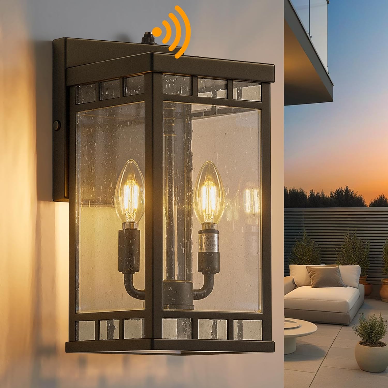 13.5” Dusk to Dawn Sensor Outdoor Wall Lights - 2-Light Large Exterior Lighting Fixtures, Waterproof Porch Lights for Garage, Front Door, Patio & House, Porch Light with E12 Base,Matte Black,1 Pack