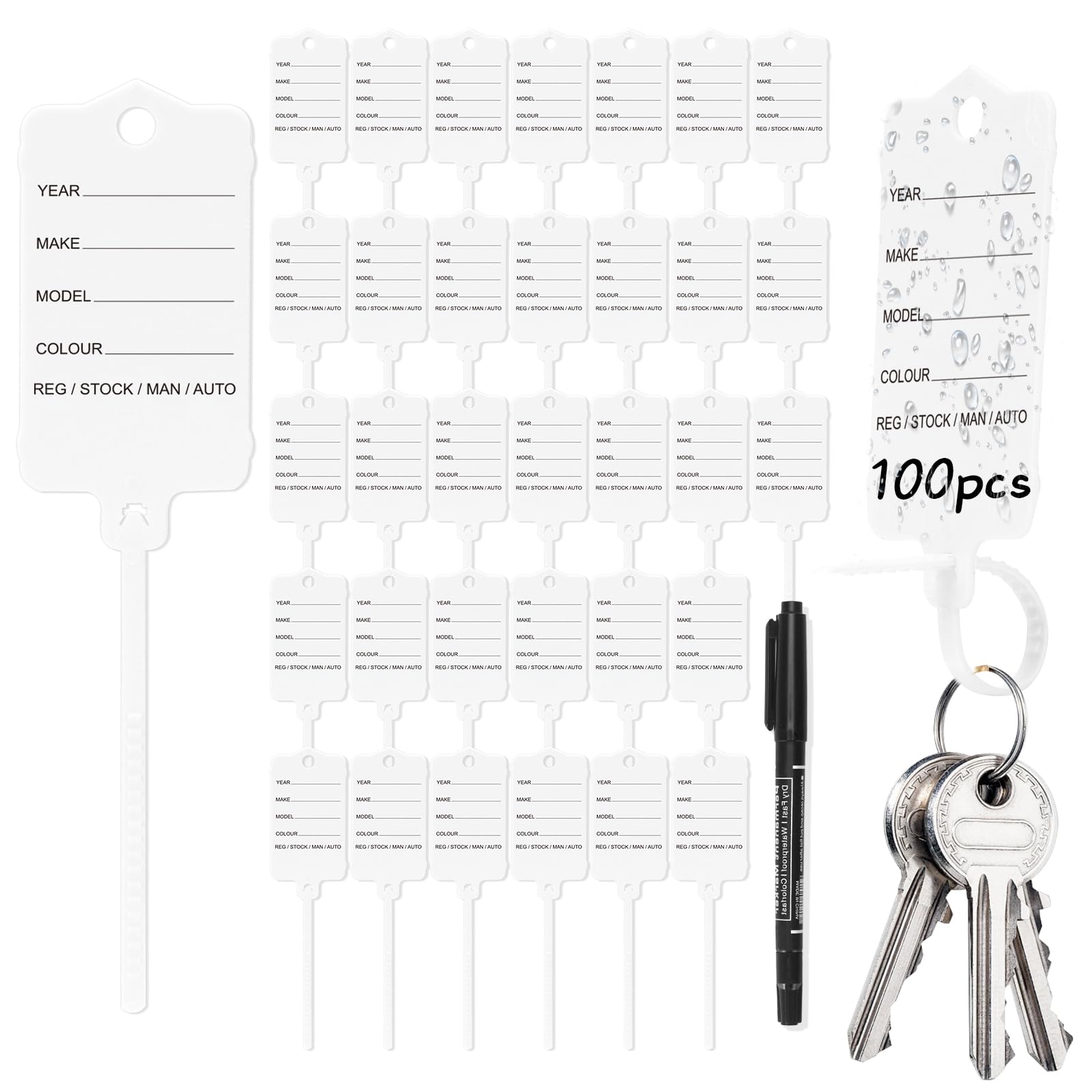 100 Pack Car Key Tags Plastic Vehicle Identification Key Tags White Self Tie Garage Tags Dealership Plastic Labels Waterproof with Marker Pen for Vehicle Dealers Sellers Private Caravan Van Garage