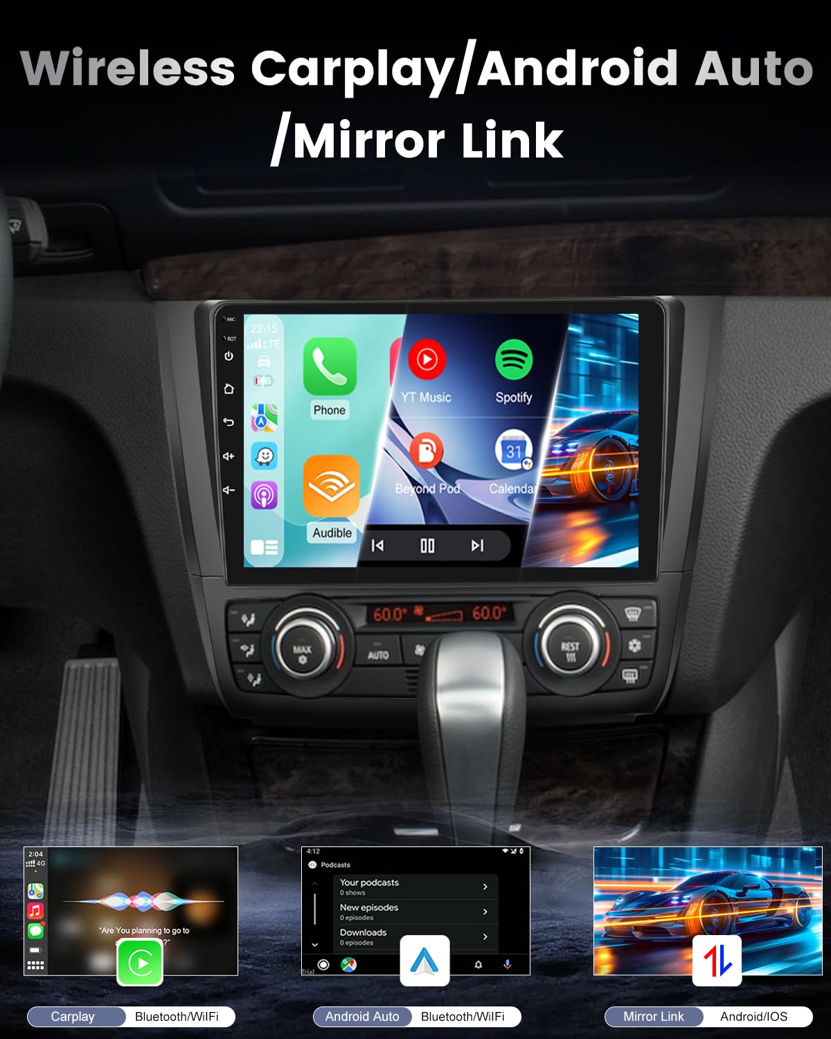 NHOPEEW Autoradio 2+64G per BMW Serie 1 E81 E82 E87 E88 2005-2011 con supporto per CarPlay wireless e Android Auto navigazione GPS comandi al volante 40 temi dell'interfaccia utente e video online