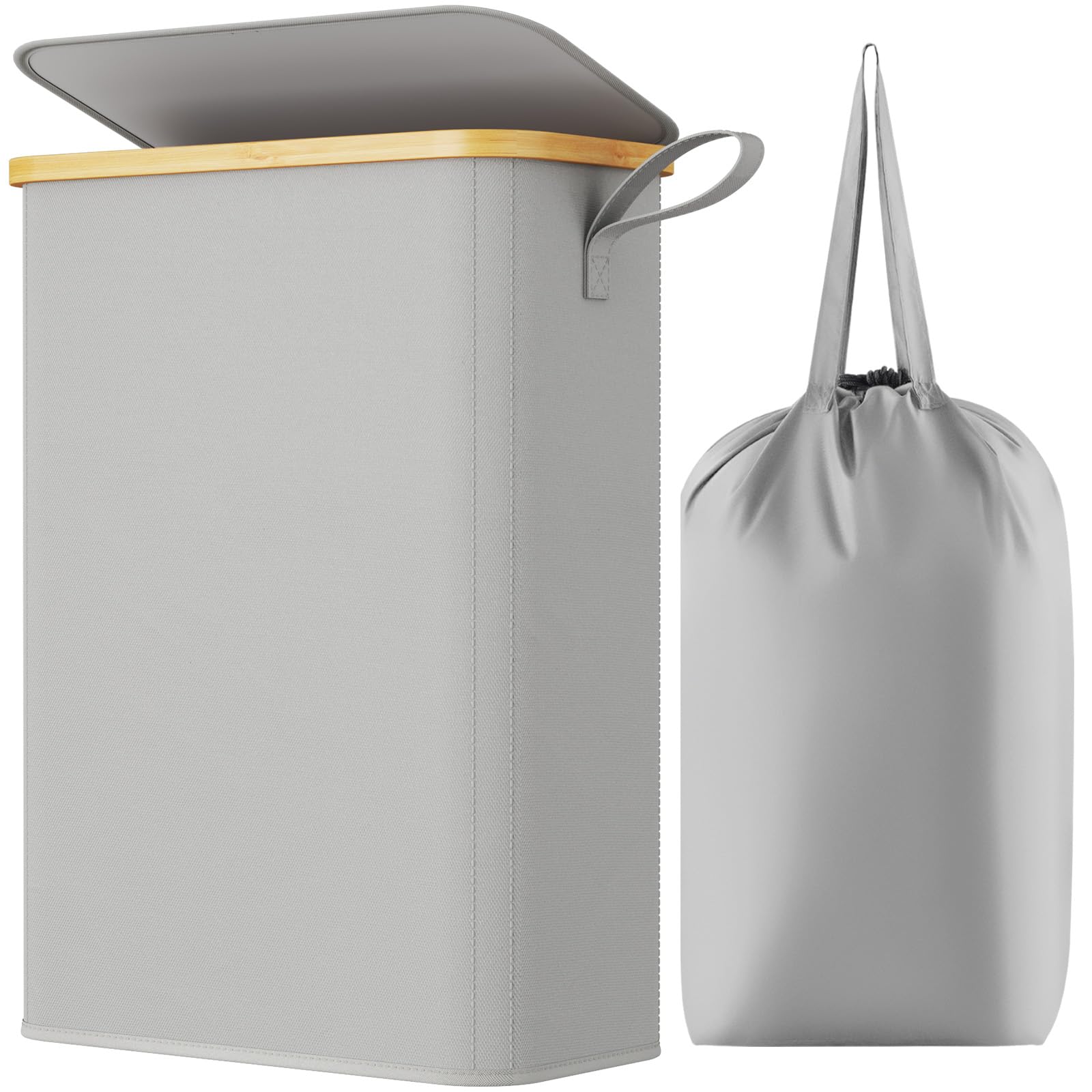 Lifewit 50L Slim Laundry Basket with Lid, Foldable Laundry Hamper Drity Clothes Washing Basket Toys Towels Storage with Bamboo Handle, Removable Inner Bag for Bedroom Bathroom, Silver Gray