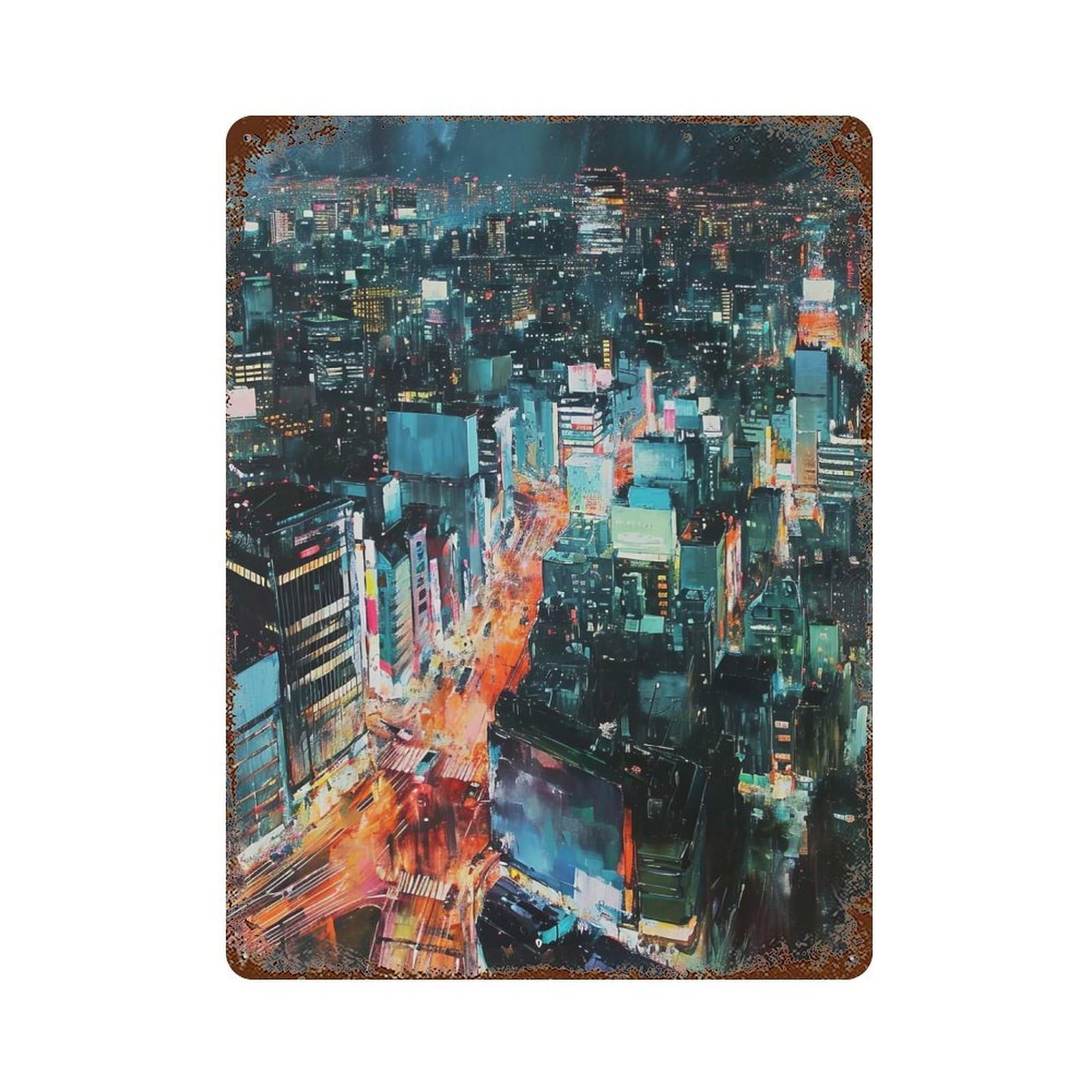 Vintage Rust Metal Sign Night Cityscape Painting 15.7"x11.8", Novelty Wall Decor for Garage, Bar And Workshop Decor