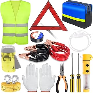 Rustark 13Pcs Car Emergency Kit Auto Safety Roadside Assistance Tool Kit with Reflective Triangles, Hand Pressing Flashlig...