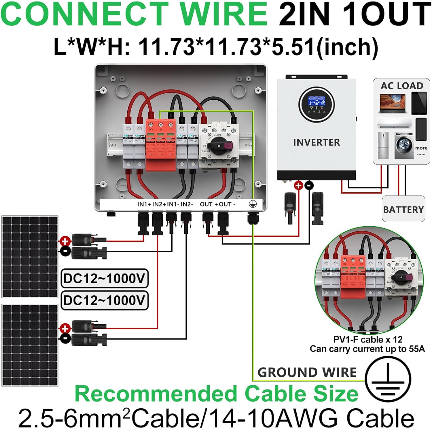2 String Solar PV Combiner Box 2 in x20A 1 Out x 32A IP65 DC1000V 32A Disconnect Switch with Surge Protector and 20A PV Fuse, Circuit Breaker Outdoor IP65 Waterproof for Solar Panels System