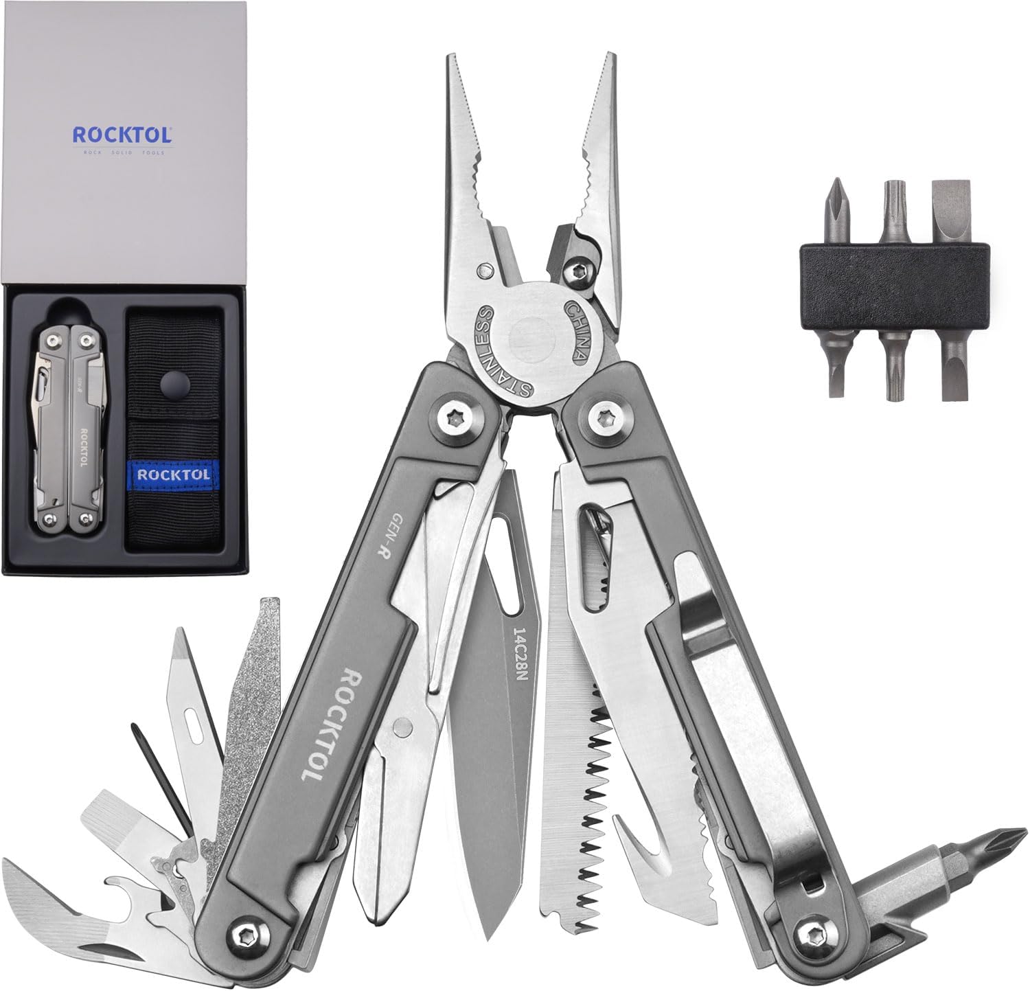 ROCKTOL Gen-R Multitool, 14C28N Blade, Titanium-plated Handle, 27-in-1 Multi-tool, EDC Pocket Knife, Precision Screwdriver, Gut Hook for Hunting, Backpacking, Hiking, Camping, Repairing