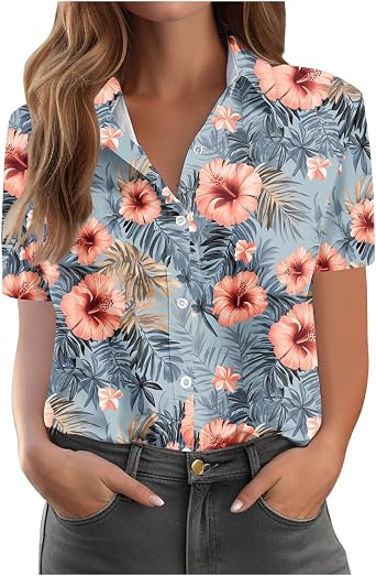 Womens Button up Blouses Women Button Down Shirt Rolled Cuffed Short Sleeve Blouse Ladies Summer Casual V Neck Beach Cotton Tops