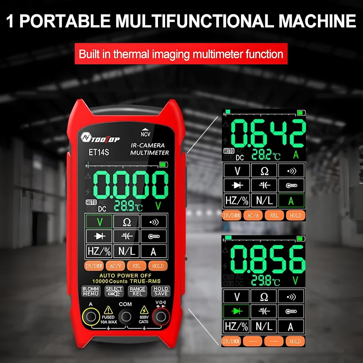 TOOLTOP ET14S displaying multimeter readings for voltage and current, highlighting its multifunctional capabilities