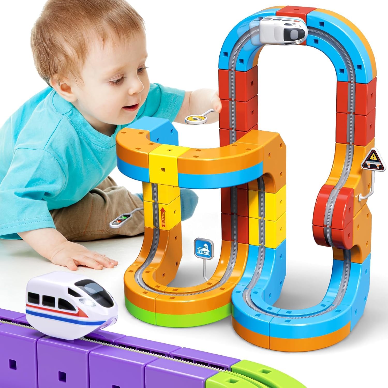 Clickrail Electric Train Set, Track Fusion 3D Train, Magic Rail Cube Train Set, Cube Track With Electric Rotating Train, Construction Toys, Christmas Toys for 2+ Year Old Boy (Set of 81)