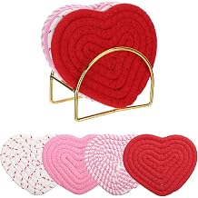 Heart Coasters Set of 4 with Holder, White Red Pink Coasters for Drinks, Handmade Braided Cotton Absorbent Winter Cup Coaster for Table Desk, Cute Girly Office Decor, Housewarming & Valentines Gifts
