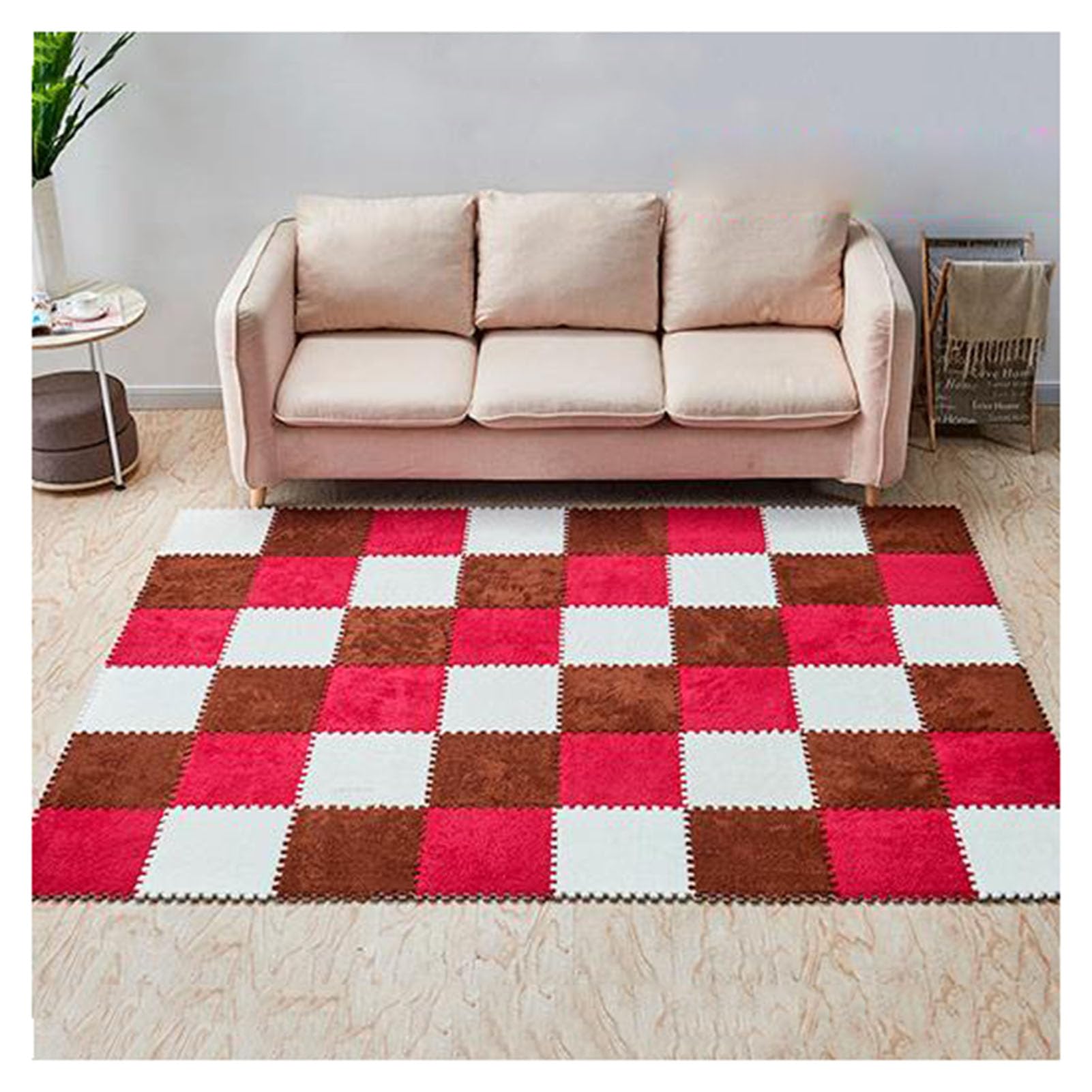 Tappeto ad Incastro Splice 24 Pezzi Tappetino da Arrampicata in Peluche, Tappeto in Schiuma Eva ad Incastro, Taglio e Giunzione, Adatto per Area Giochi, Tappeto in schium,Brown+White+Red