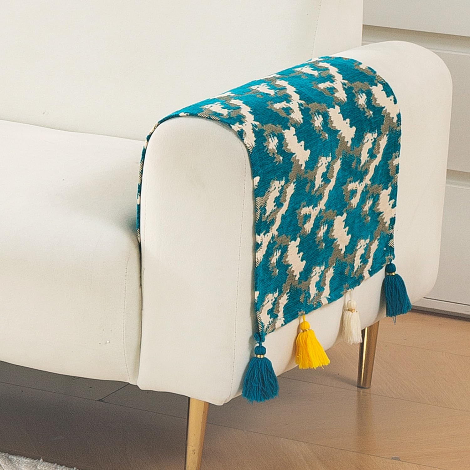 HOKIPO 'Tassel Tales Series' Thick & Soft Chenille Jacquard Sofa Armrest Cover with Tassel - 1 Pair | Teal (IN-1131-D6*2)-image-29