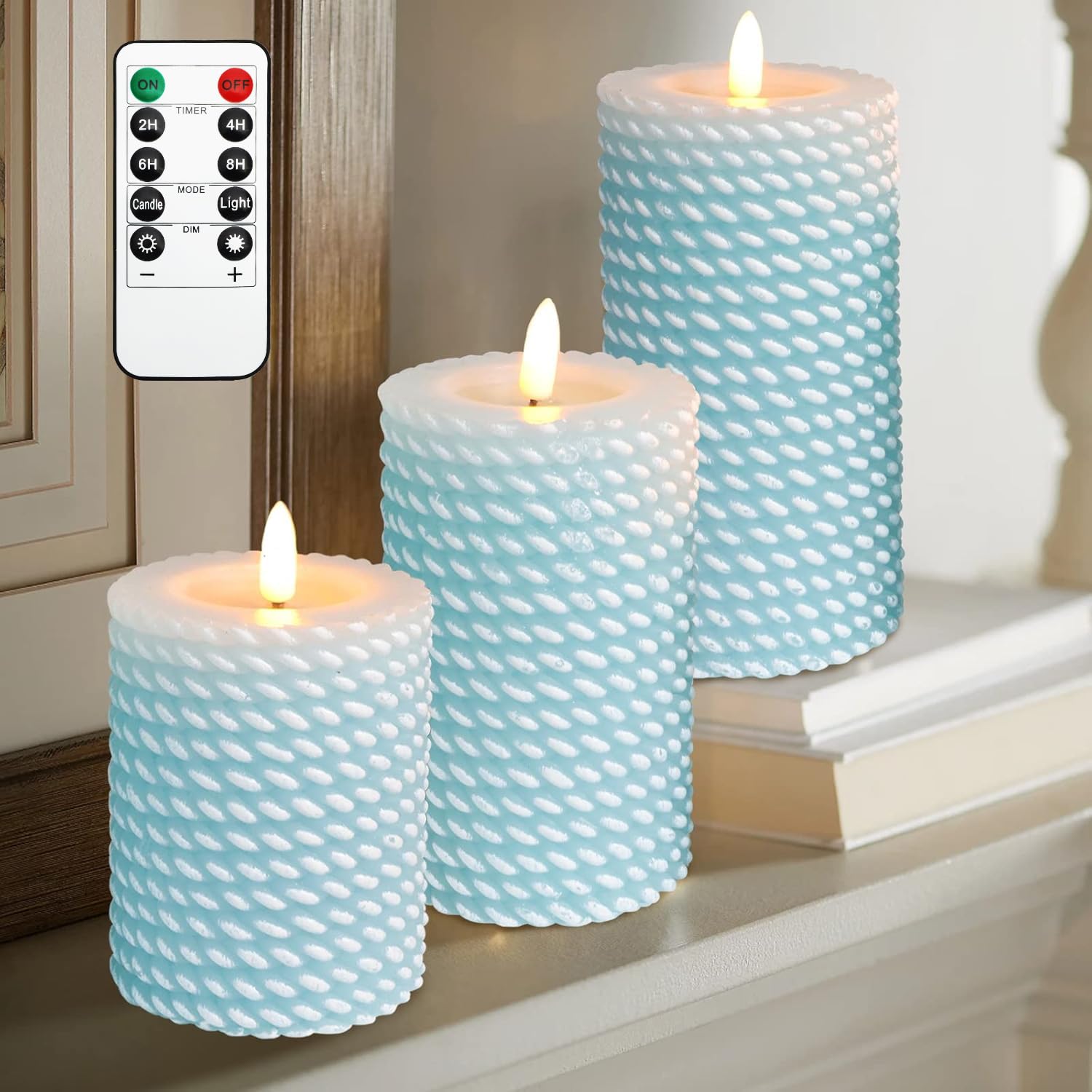 LED Flameless Candles Blue Textured Design Pillar Battery Operated Candles with Remote Control, Timer Function Set of 3