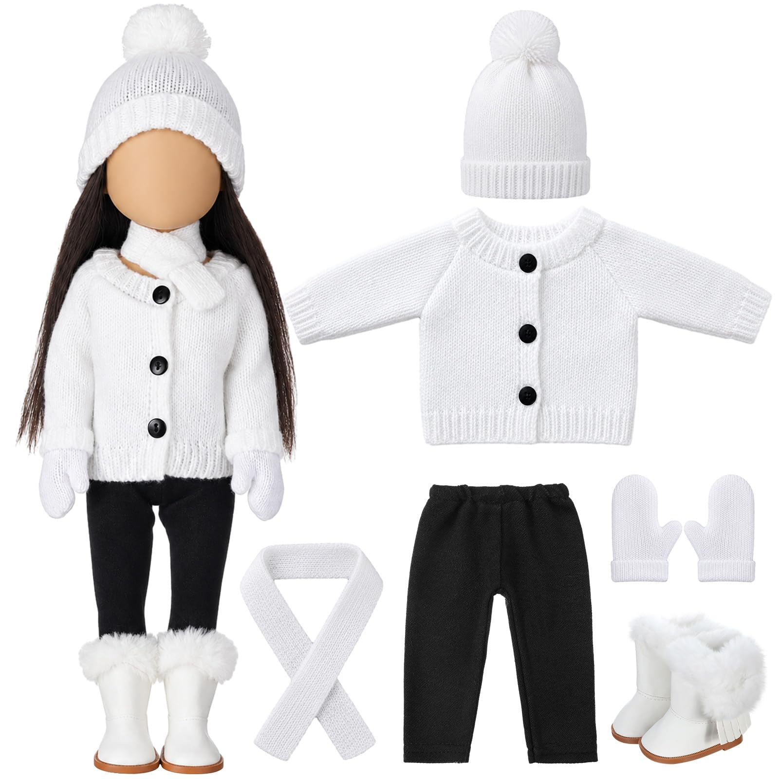 Fourluoo 6 Pcs 18" Christmas Doll Clothes, White, Button Sweater Style
