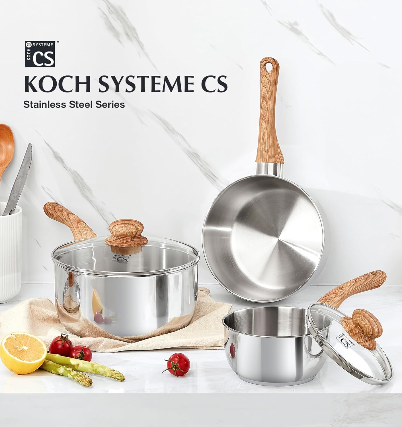 KOCH SYSTEME CS Stainless Steel Saucepan Set 1QT 2QT 3QT, 18/10 Stainless Steel Sauce Pan with Glass Lid, Even Heating Sauce Pot with Wood Grain Stay Cool Handle, Induction Compatible, Dishwasher Safe