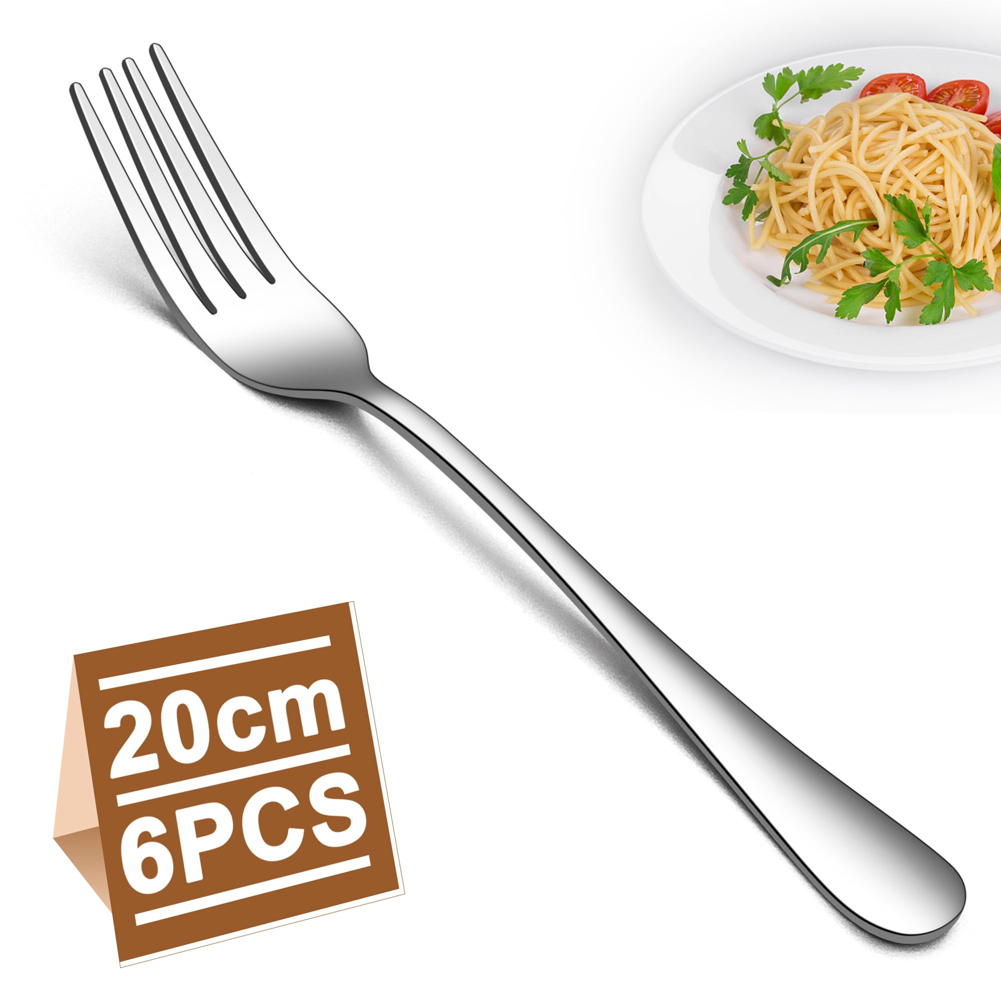 Joyfair Dinner Forks Set of 6, Stainless Steel Forks with Round Handle, Eating Utensil Set Ideal for Dessert/Cake/Pastry/Noodle/Spaghetti/Fruit/Salad, Mirror Polished & Dishwasher Safe, 20cm