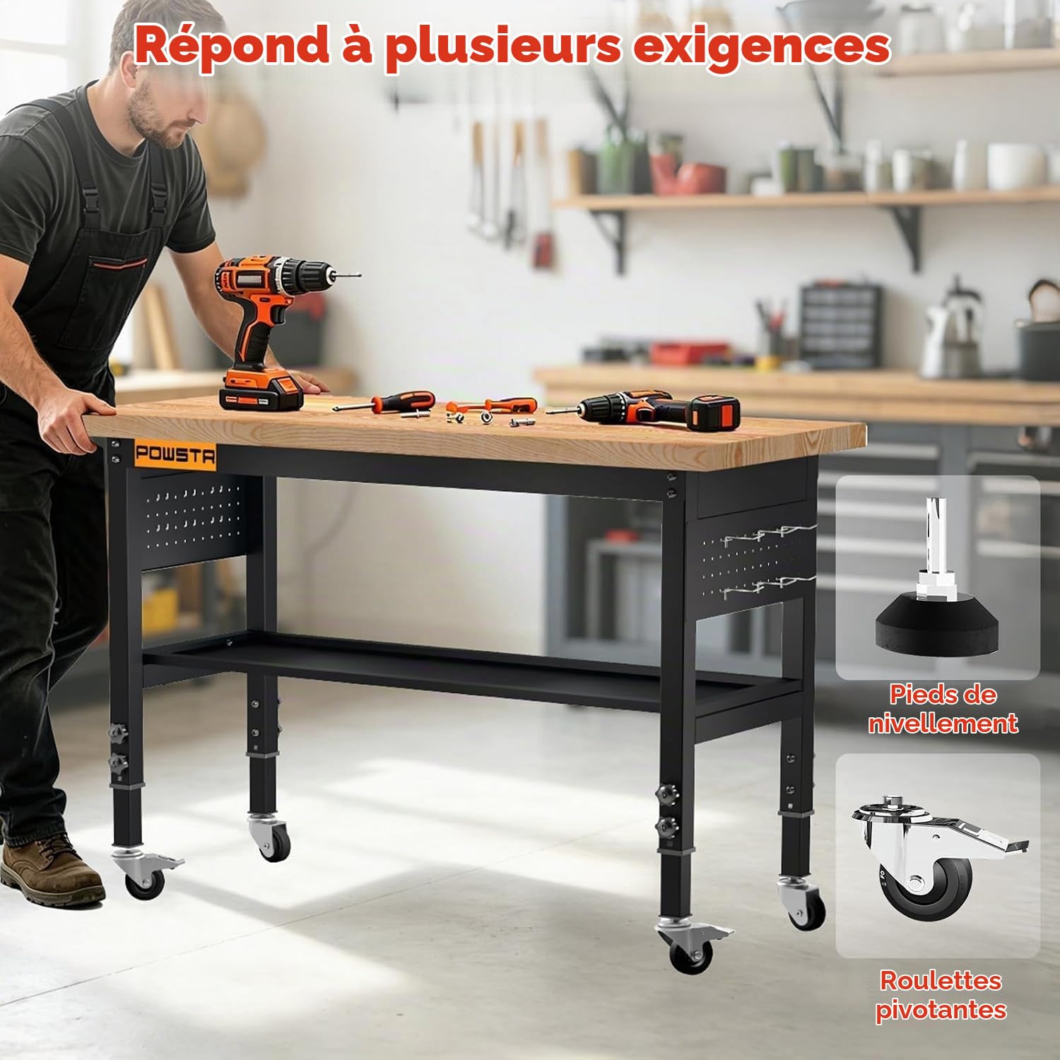 Établi Atelier Garage 120 cm Réglable 5 Hauteurs, Bois Caoutchouc 900 Kg | Double Niveau/2 Roue Avec Frein/ 6 Crochets/Panneau Perforé/Garage Atelier Bureau Maison Commercial