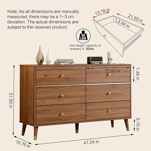 Miniatura 2 de Cómoda de 6 cajones, cómoda de mediados de siglo de 47 pulgadas de ancho, cómoda de madera para dormitorio con 6 cajones de almacenamiento para